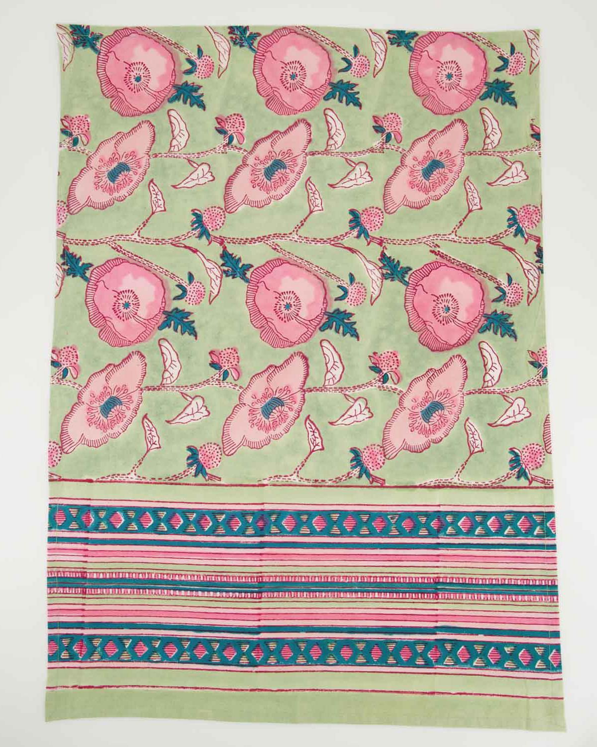 Sage & Pink Flower Block Print Tea Towel -  pink
