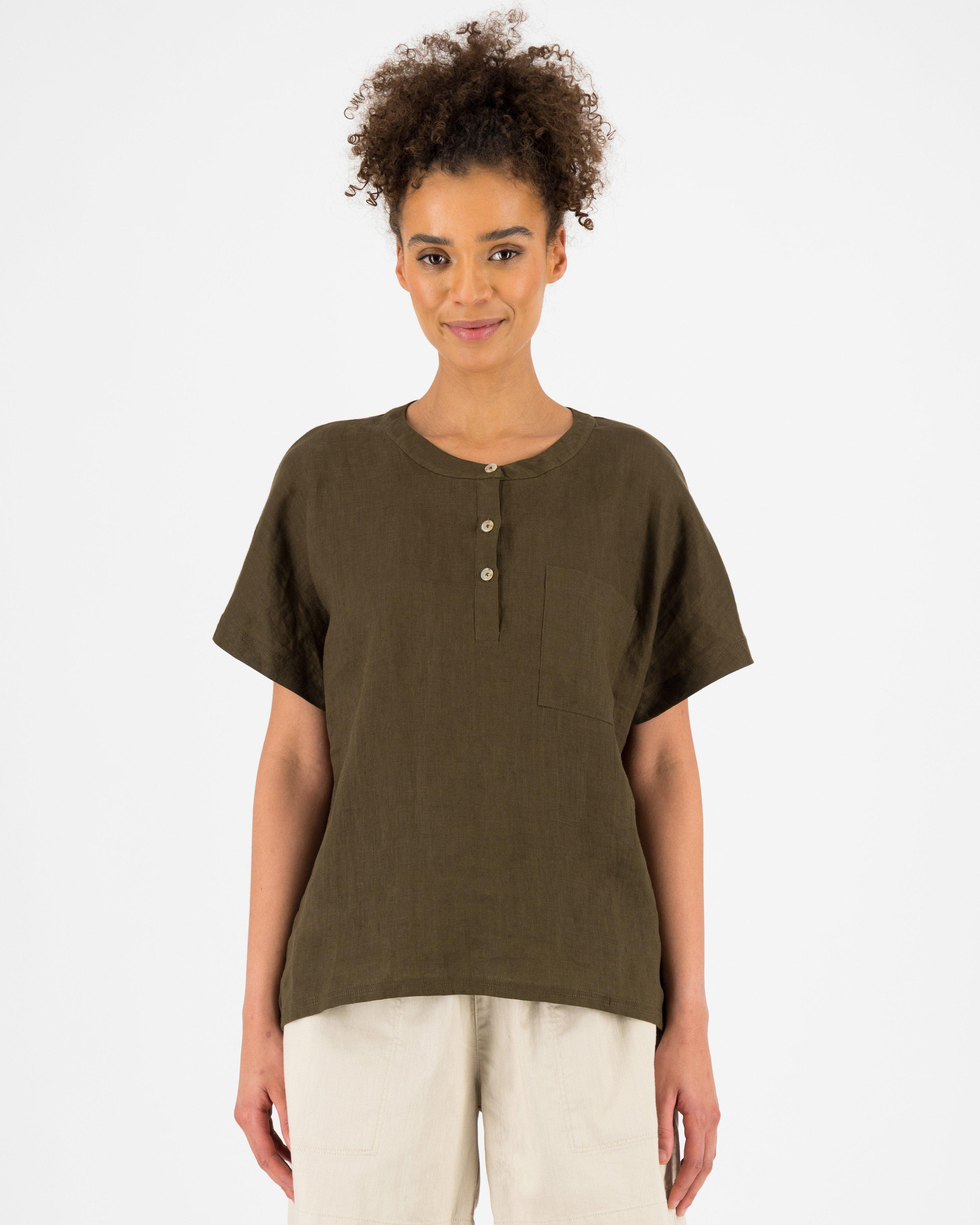 Rare Earth Women's Hannah Linen Knit Blouse -  Dark Green/Dark Olive