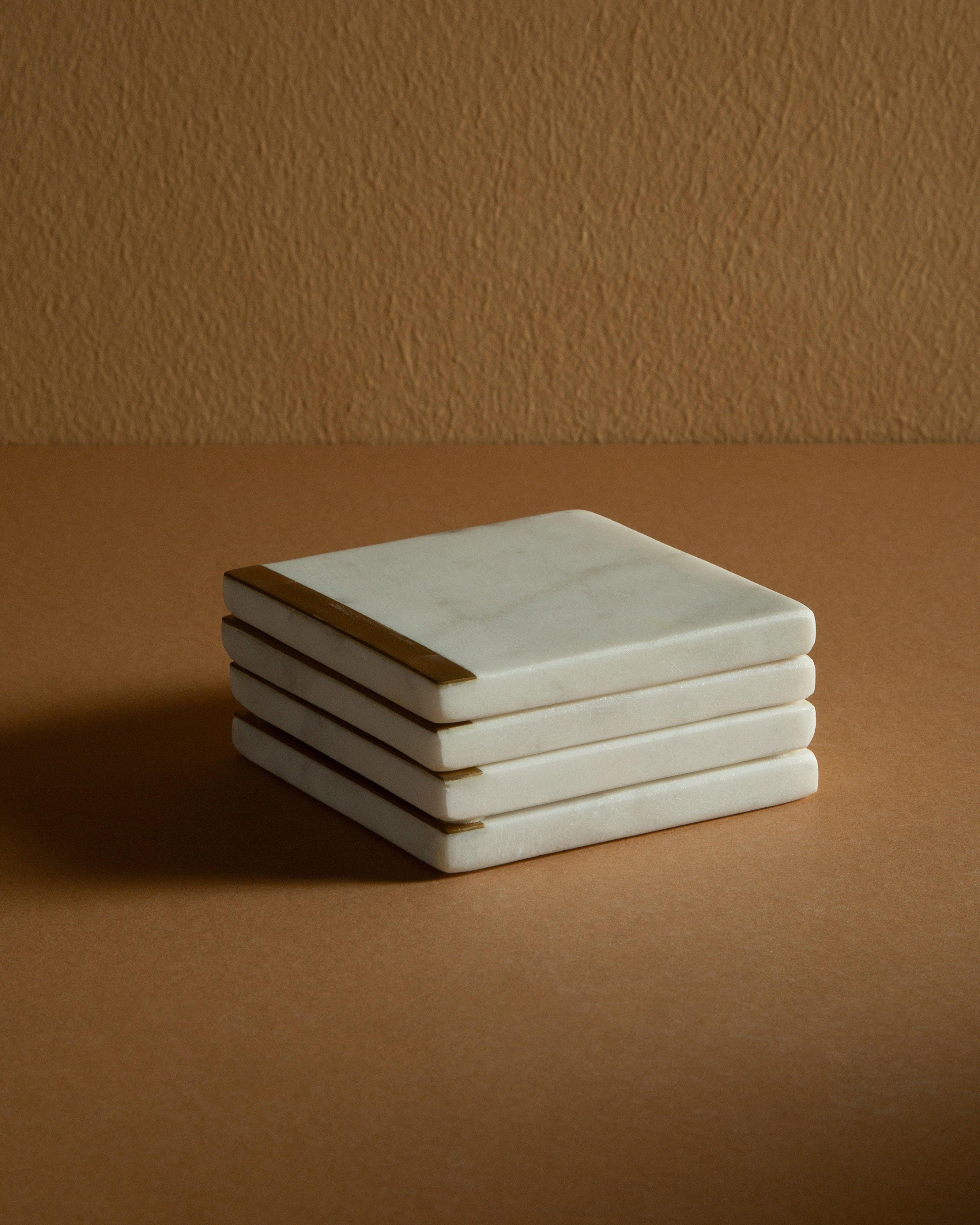 Brass Edge Coaster Set -  White