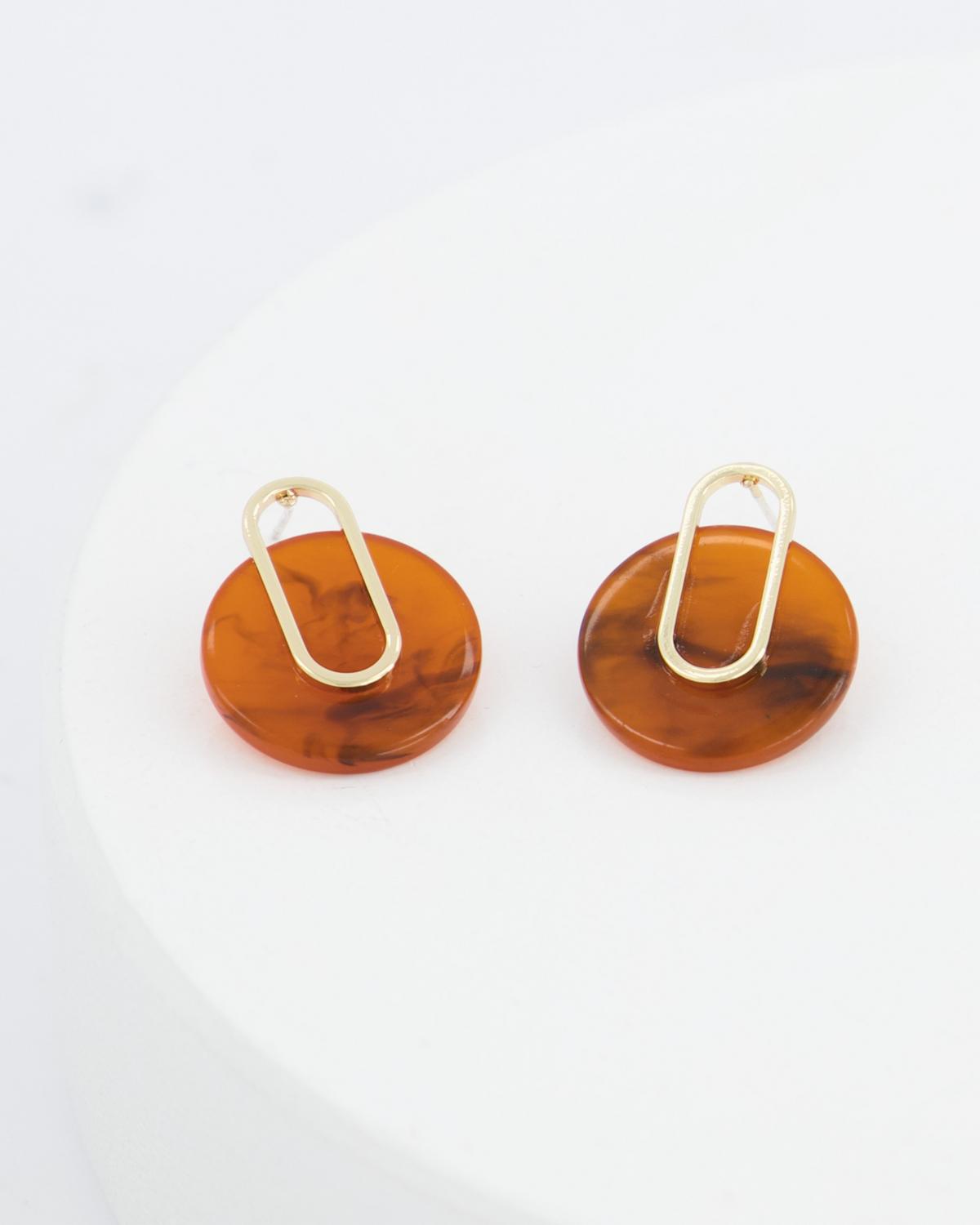 Resin Disk & Oval Ring Drop Earrings -  Brown