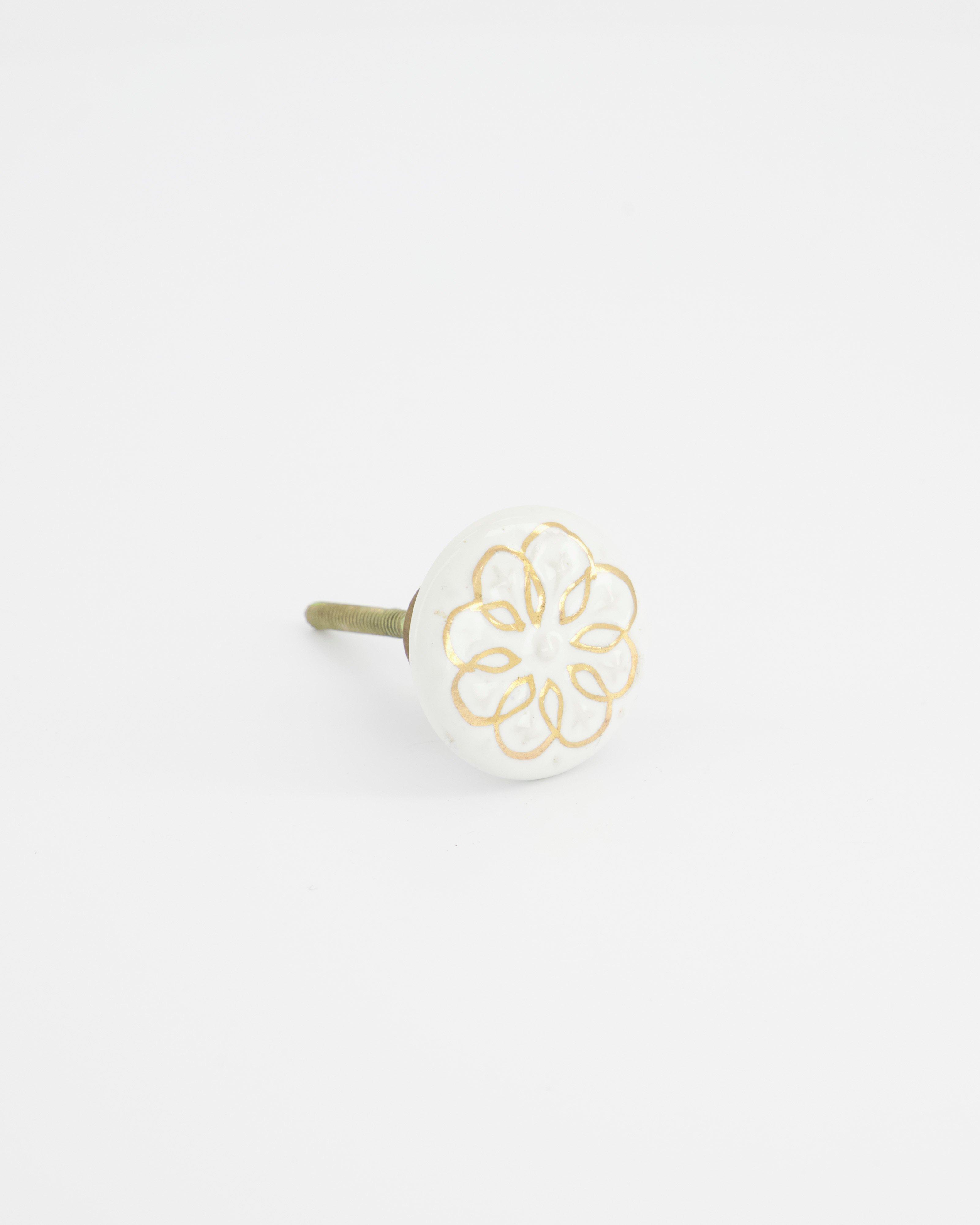Gold Flower Design Knob -  White