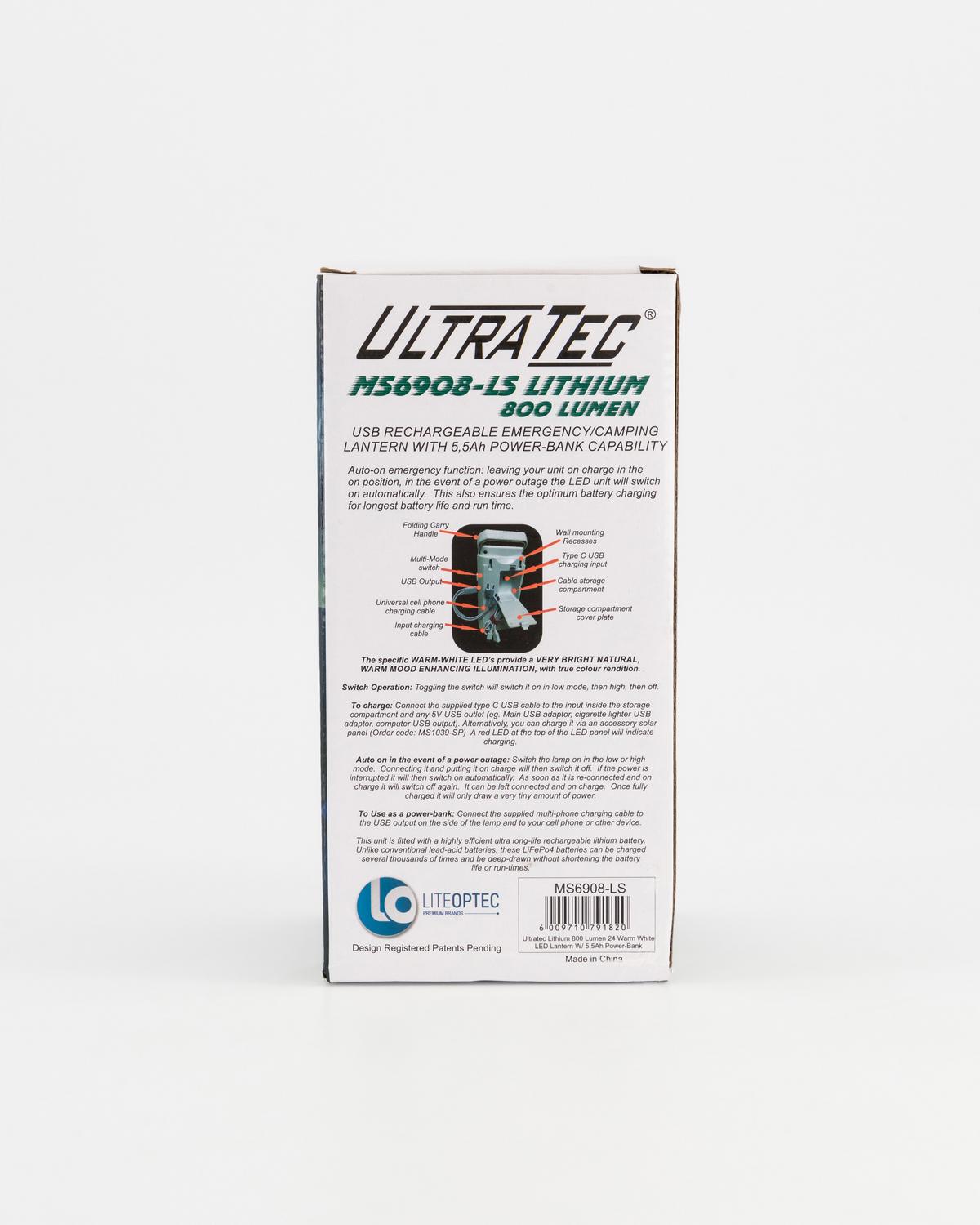 UltraTec Back-Up 800 Lumen Single Lithium Lantern -  No Colour
