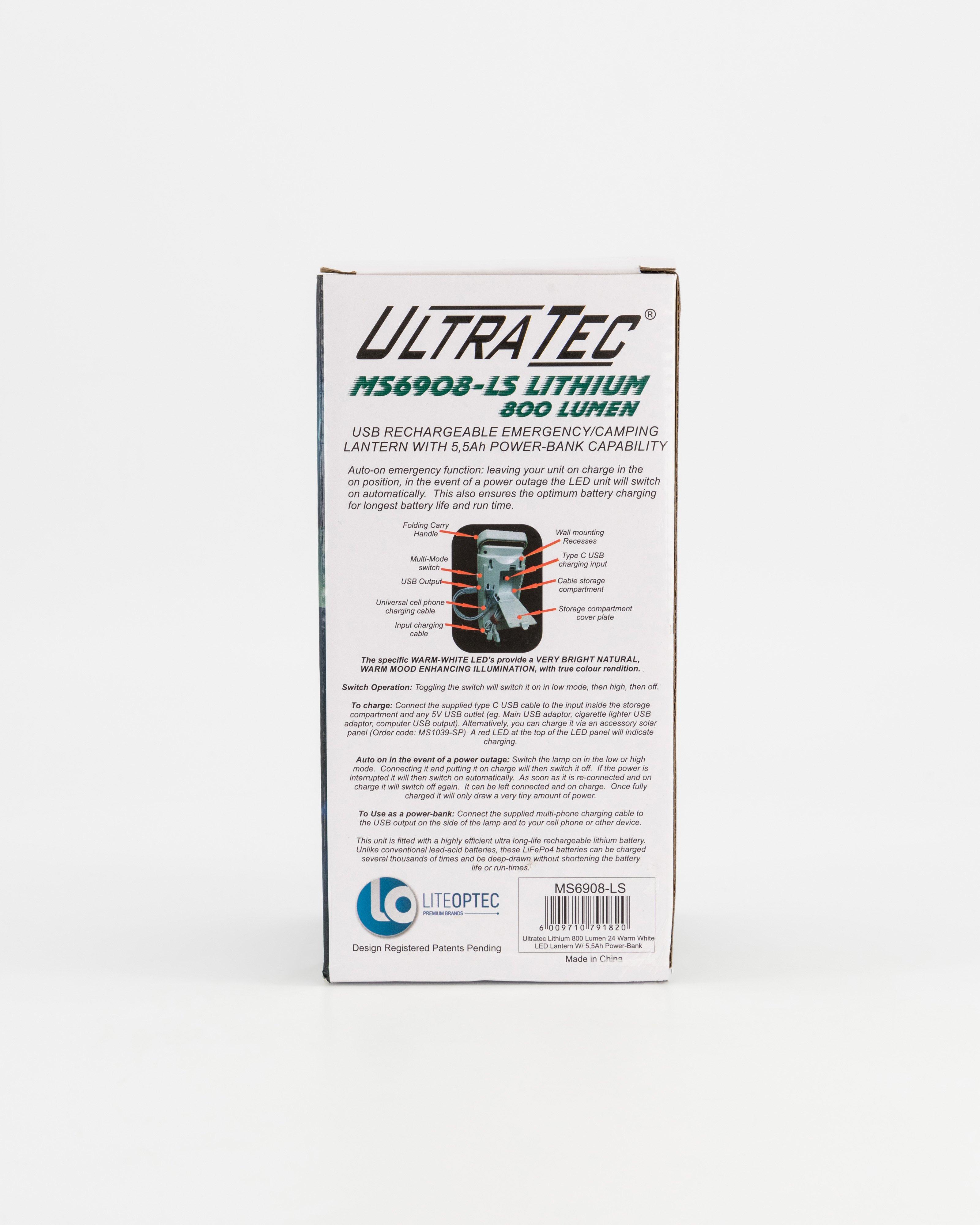 UltraTec Back-Up 800 Lumen Single Lithium Lantern -  No Colour