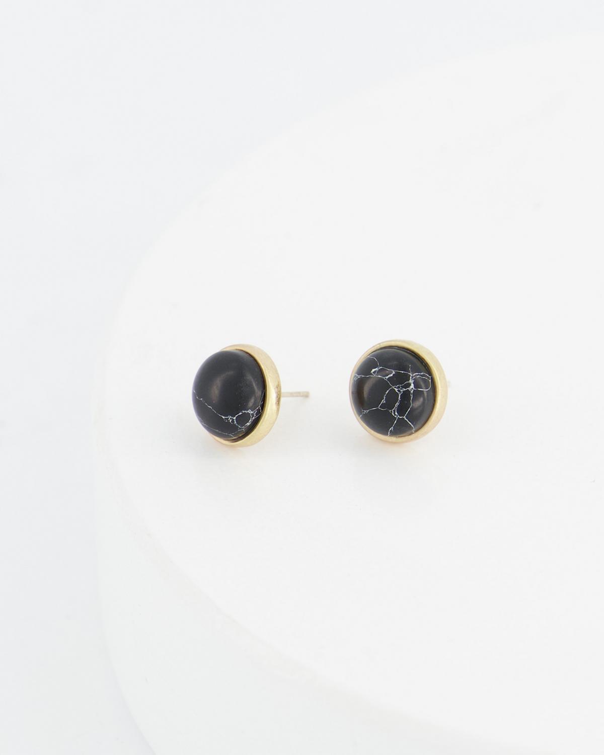 Natural Stone Domed Stud Earrings -  black