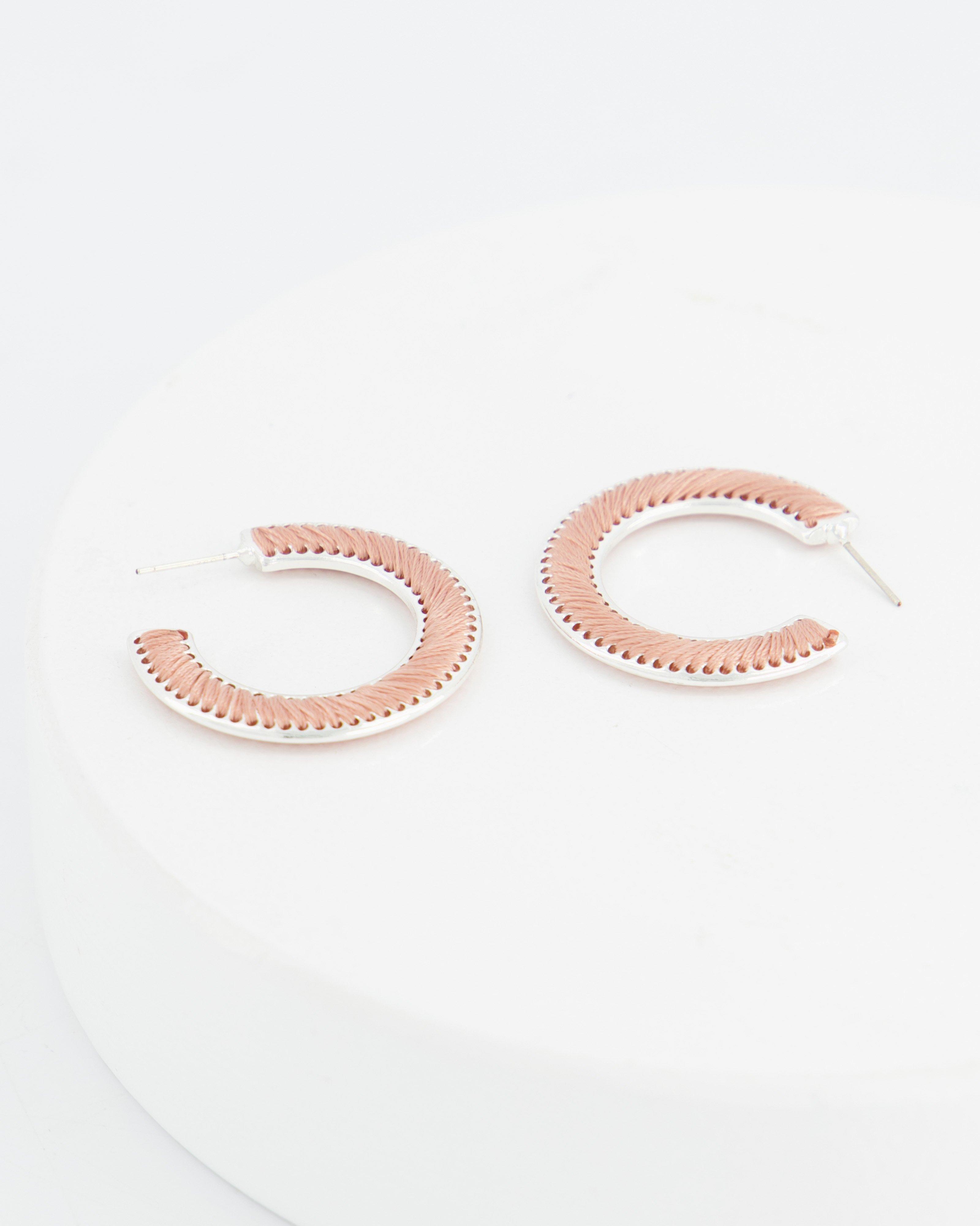 Thread Detail Hoop Earrings -  Pink