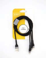 Birst 3-in-1 fabric braided charging cable 1.2m 2amp -  black