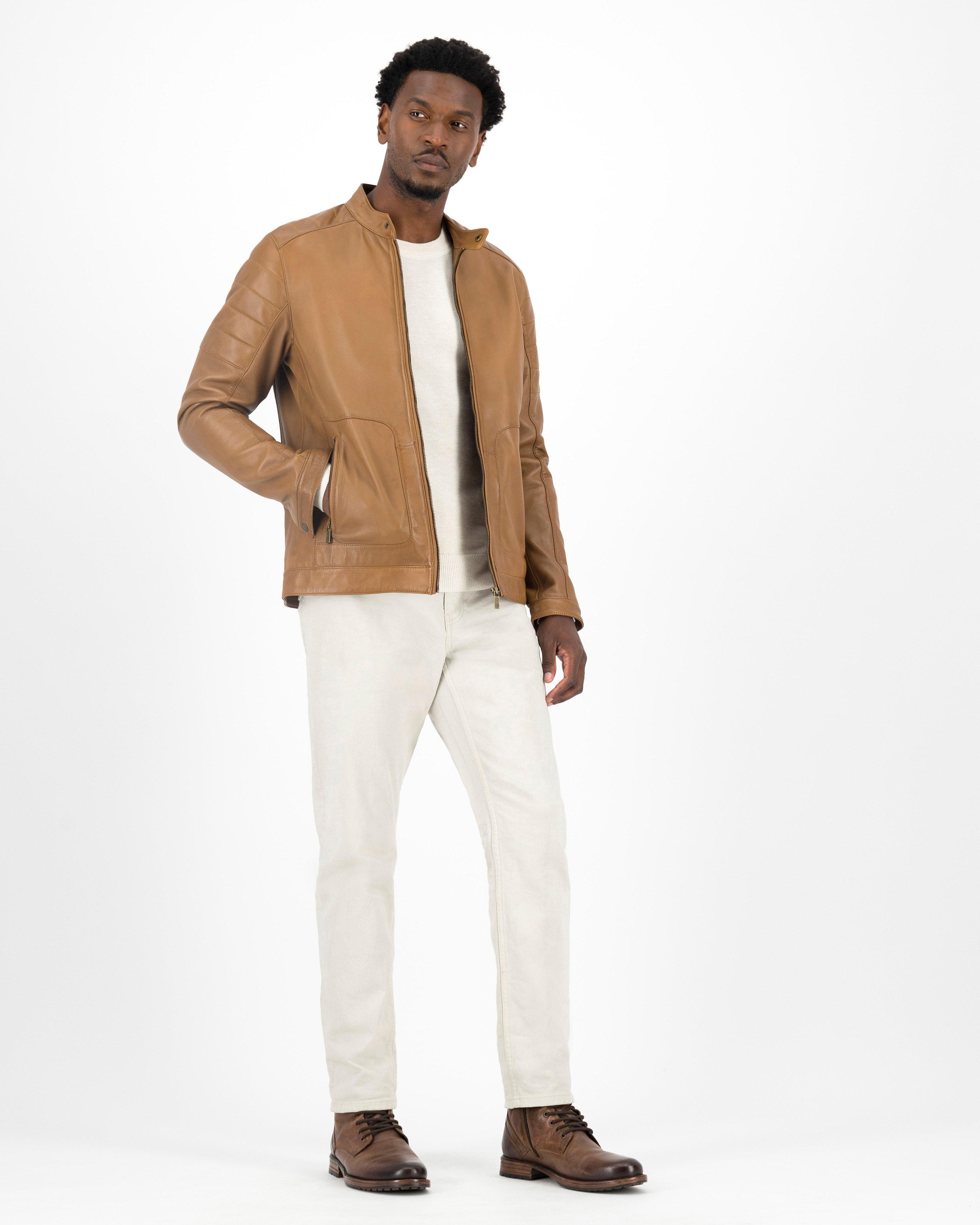 Khaki pants sales leather jacket