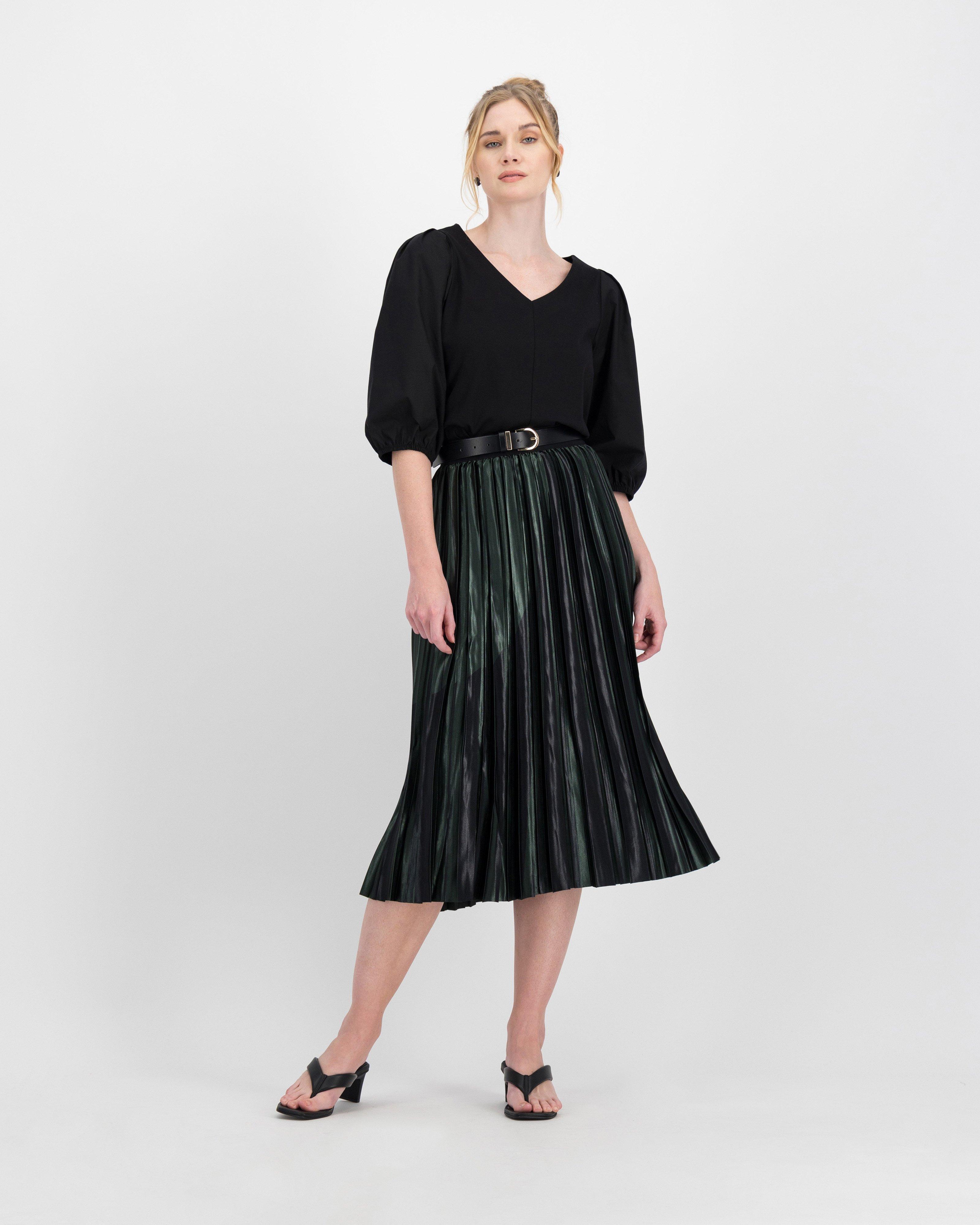 Poetry Helena Satin Pleated Skirt -  Dark Green/Dark Olive