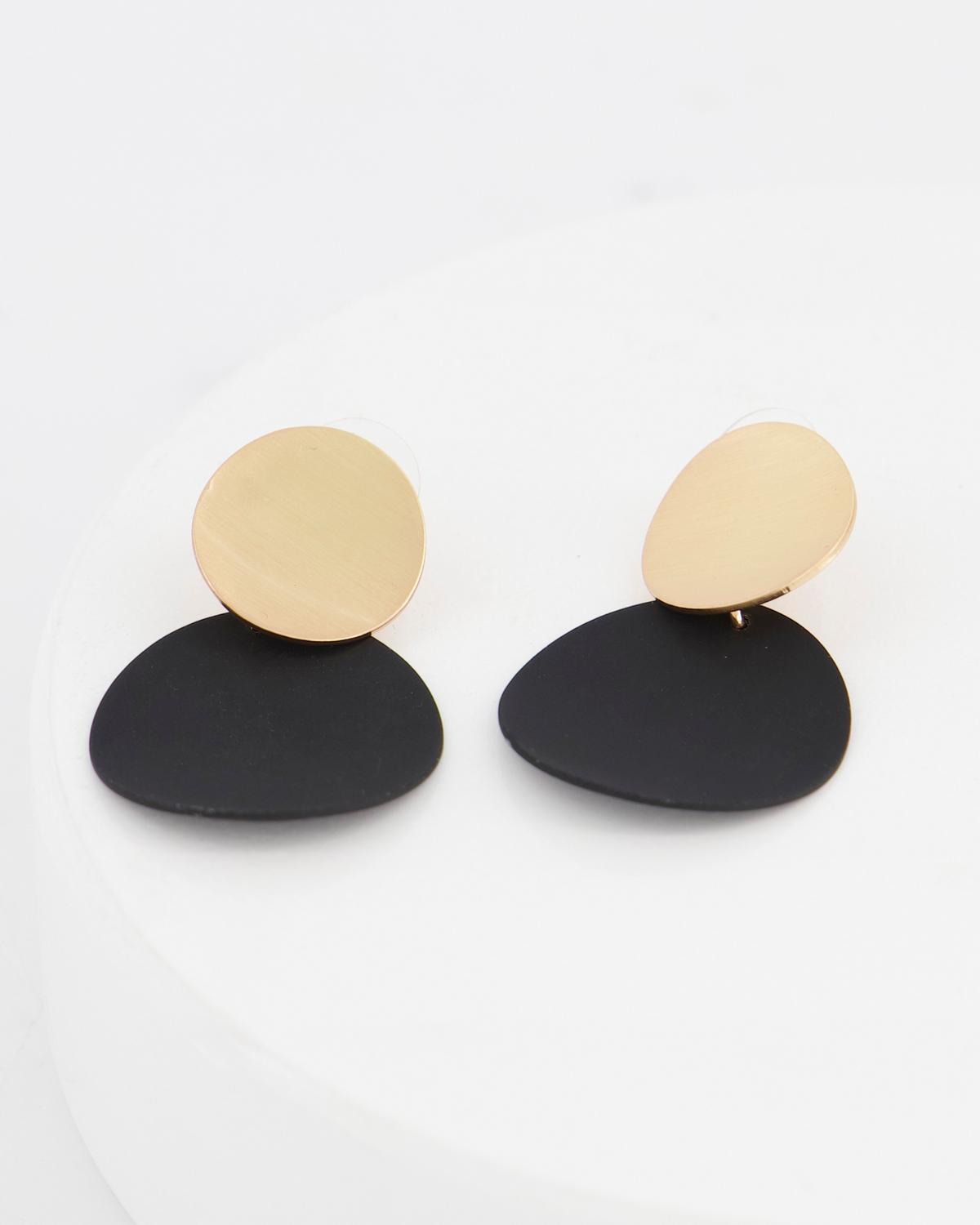 Brushed Disk and Epoxy Circle Earrings -  Black