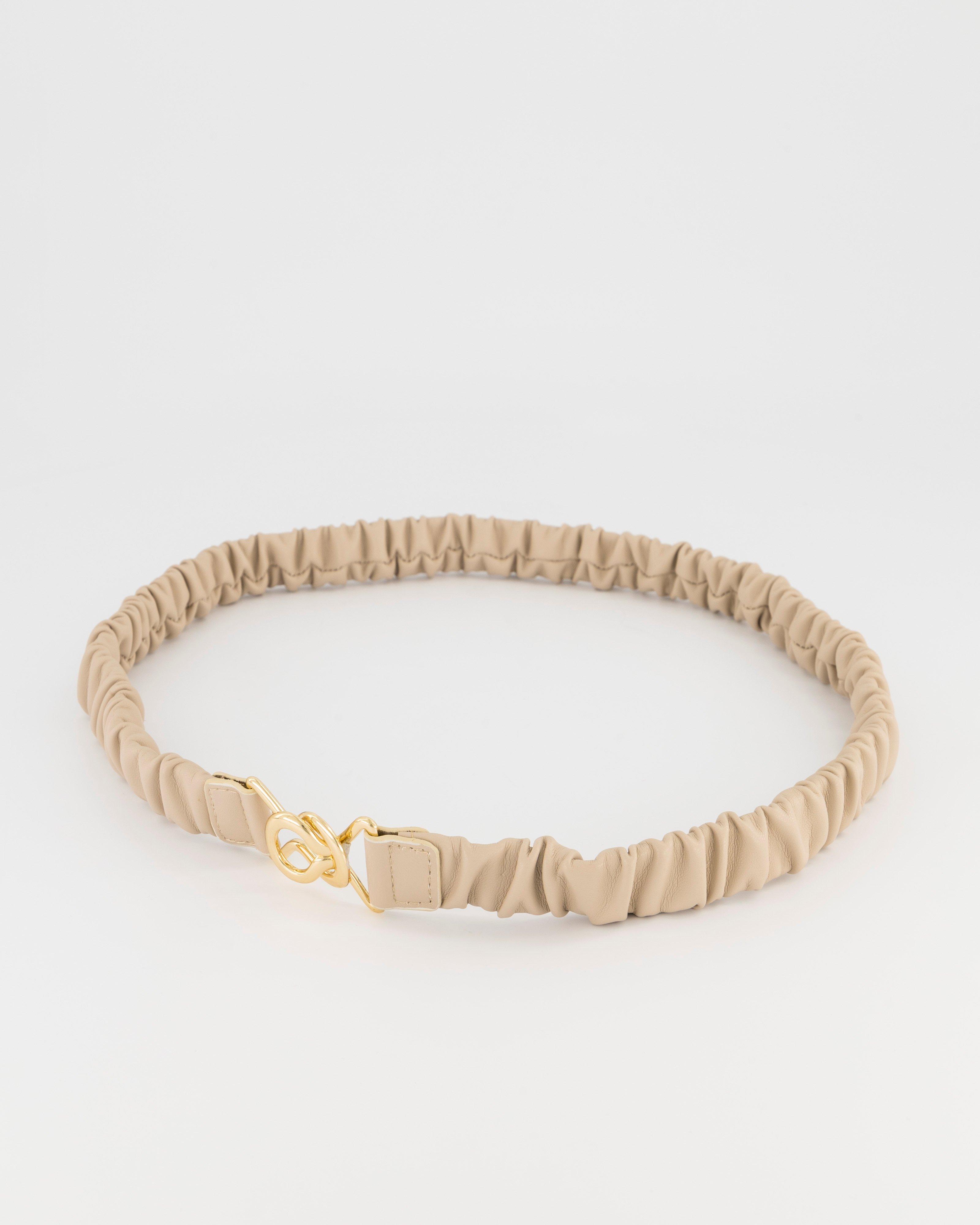 Iggy Skinny Rouched Faux Leather Belt -  Bone