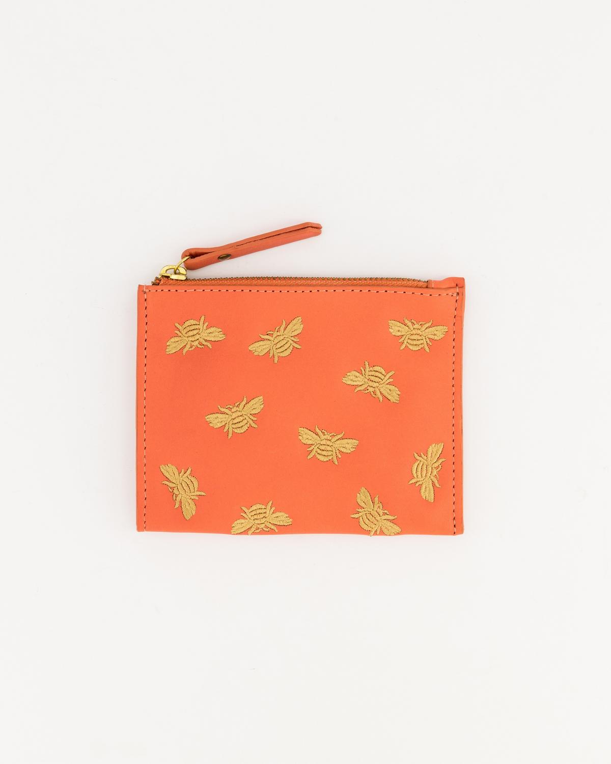 Marrian Embroidered Leather Pouch -  coral