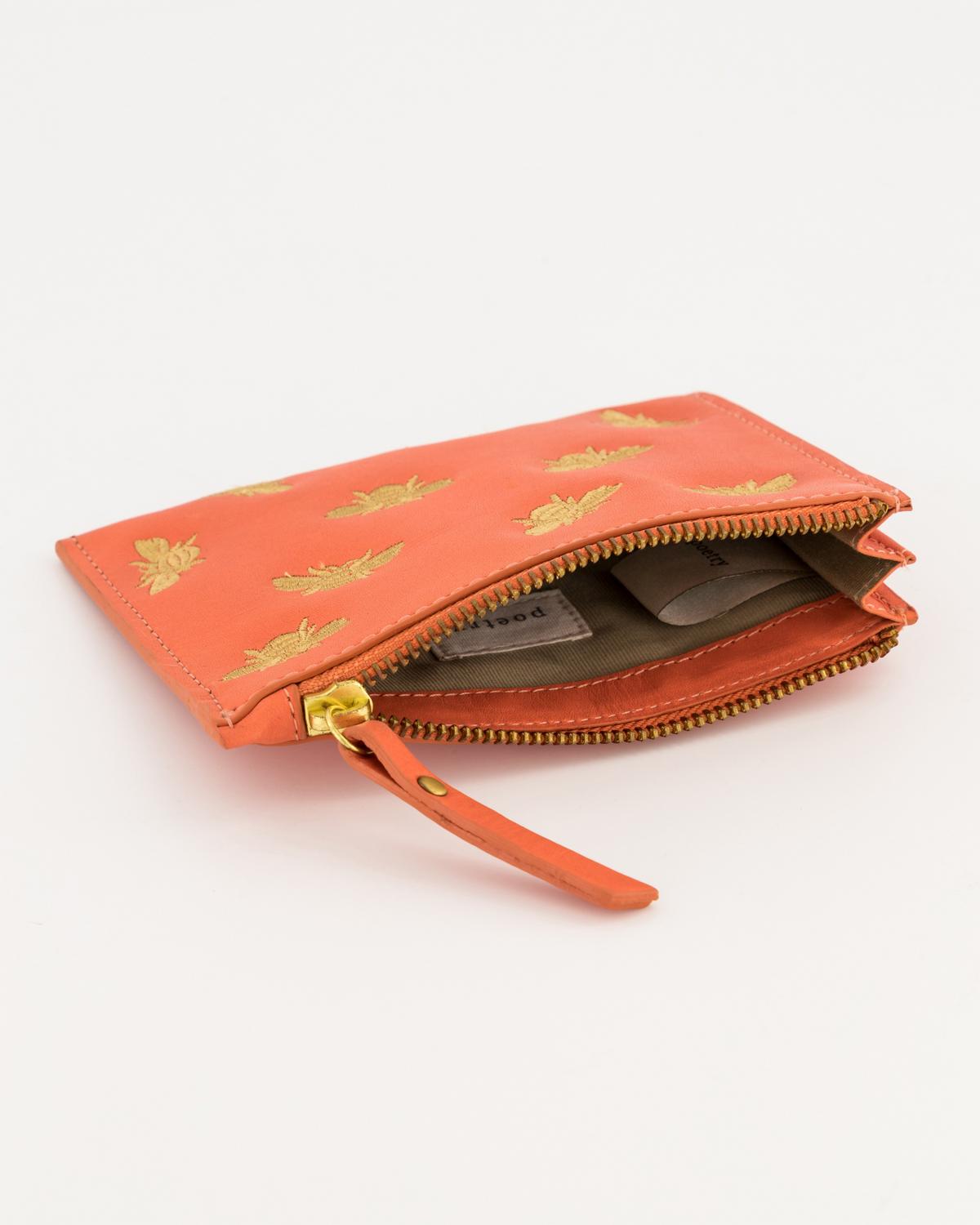Marrian Embroidered Leather Pouch -  coral