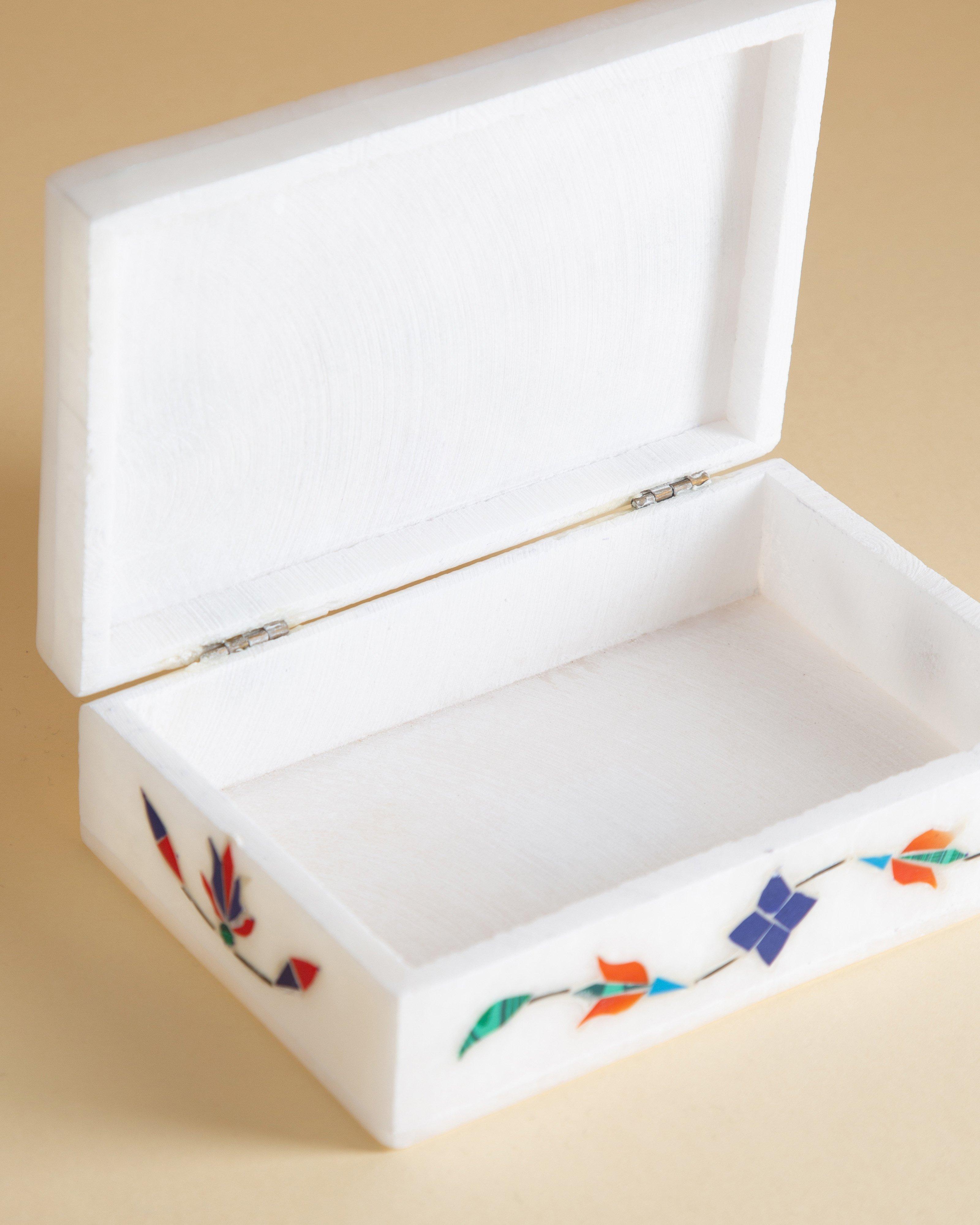 Alabaster Large Inlayed Trinket Box -  White