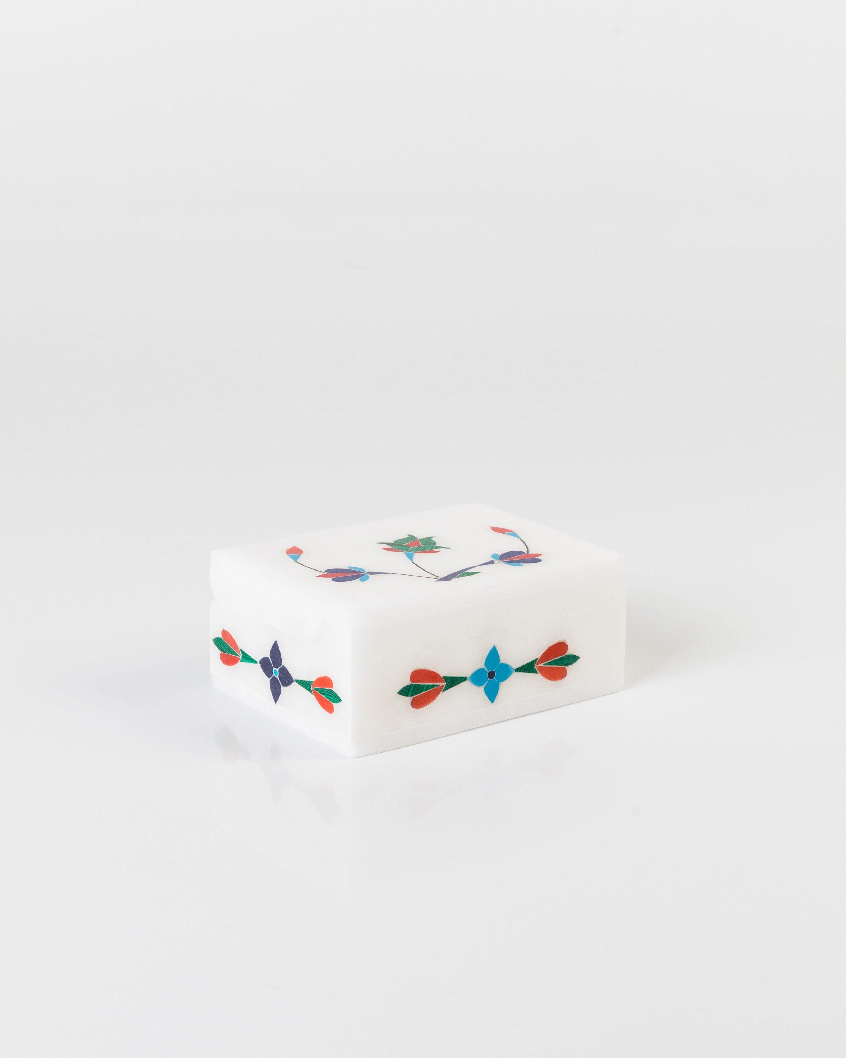 Alabaster Inlayed Trinket Box Small -  White