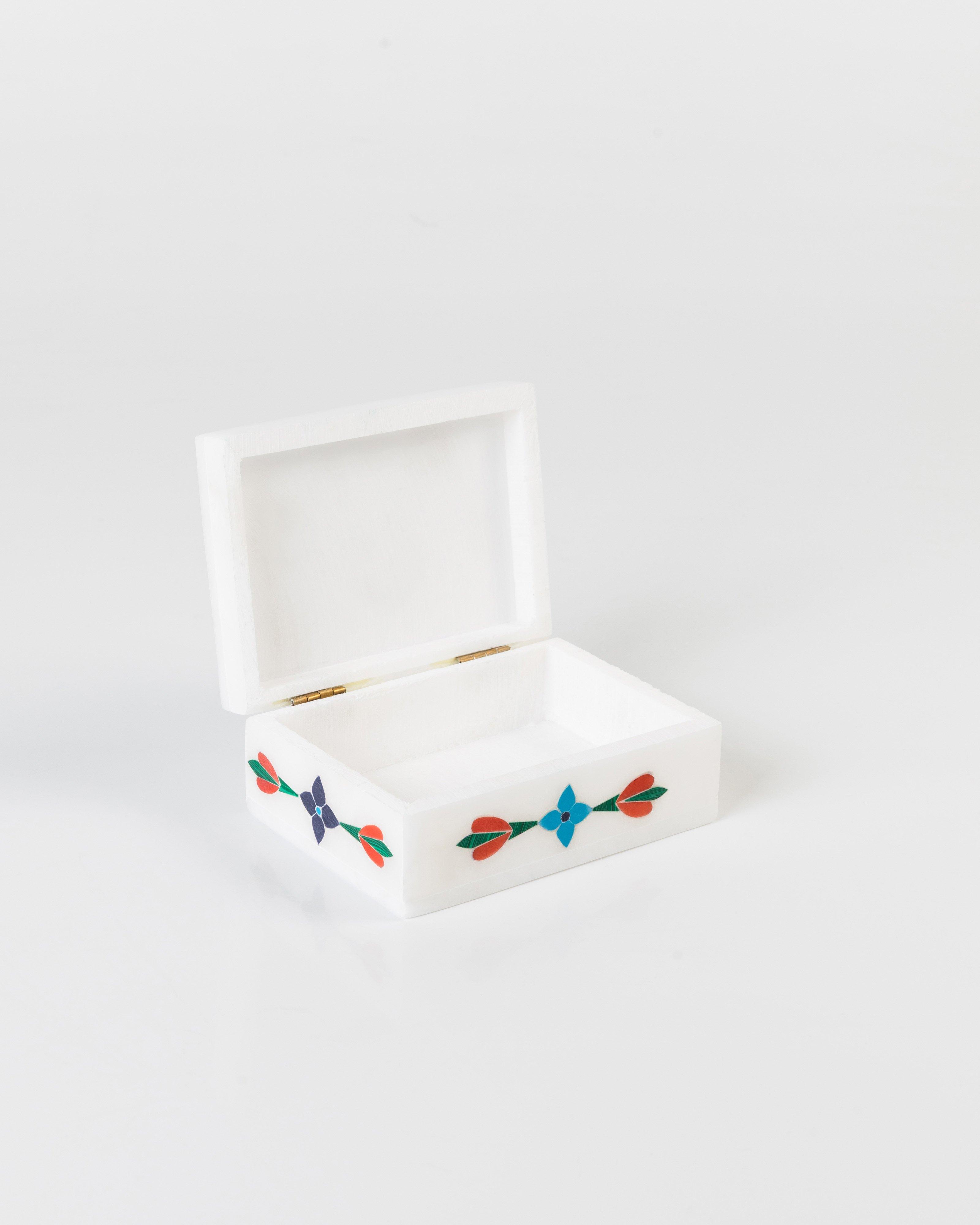Alabaster Inlayed Trinket Box Small -  White