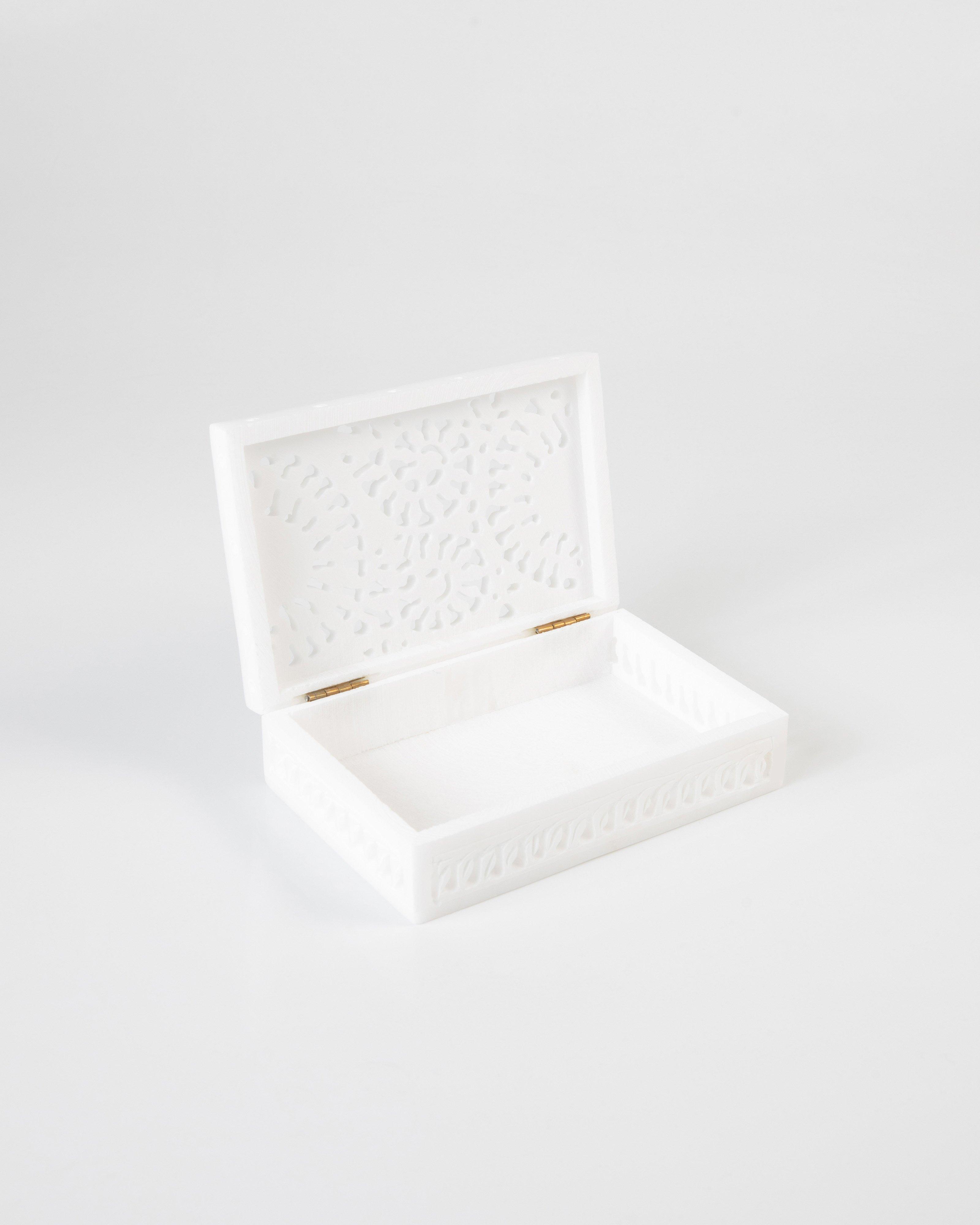 Carved Alabaster Trinket Box -  White