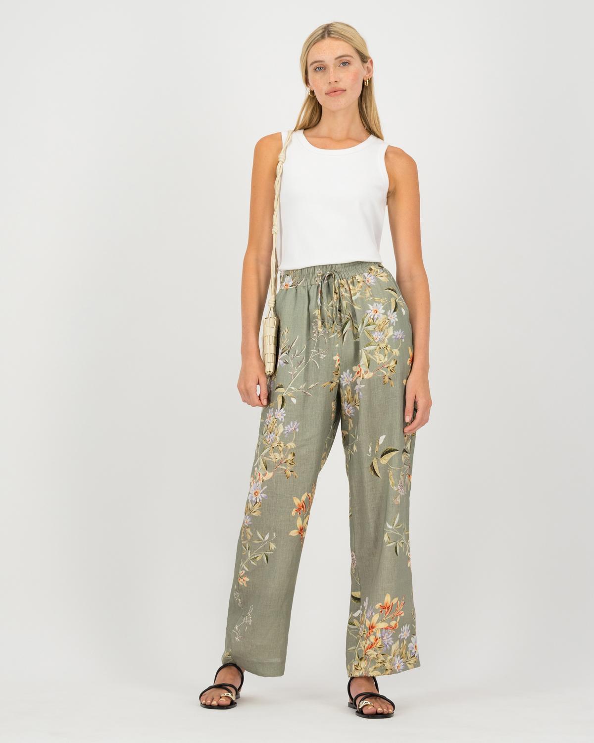 Poetry Ana Greens Linen printed pant -  green