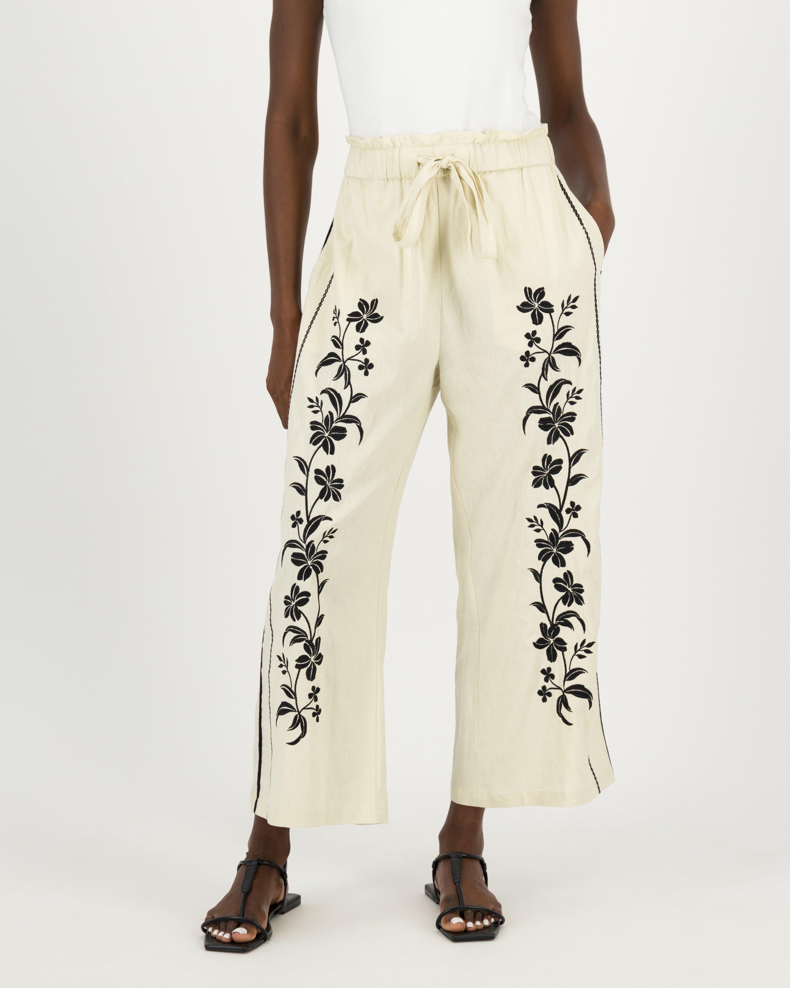 Aika Embroidered Linen Pants -  Stone
