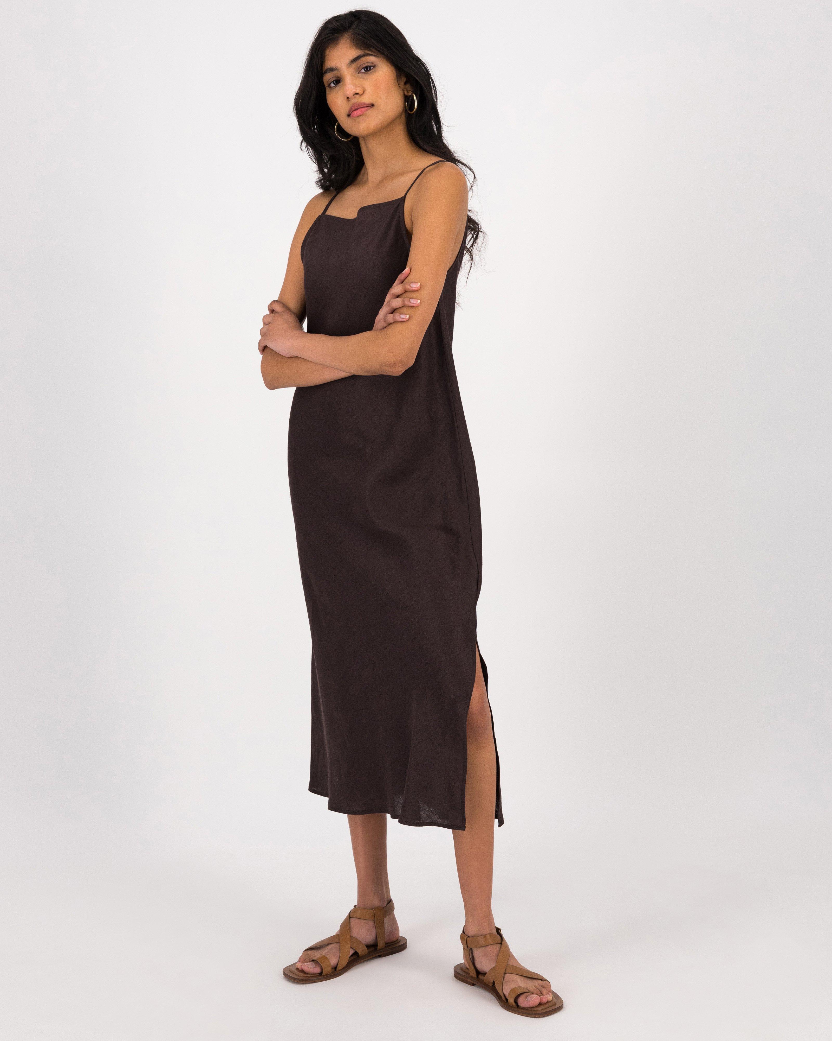 Selena Linen Dress -  Brown