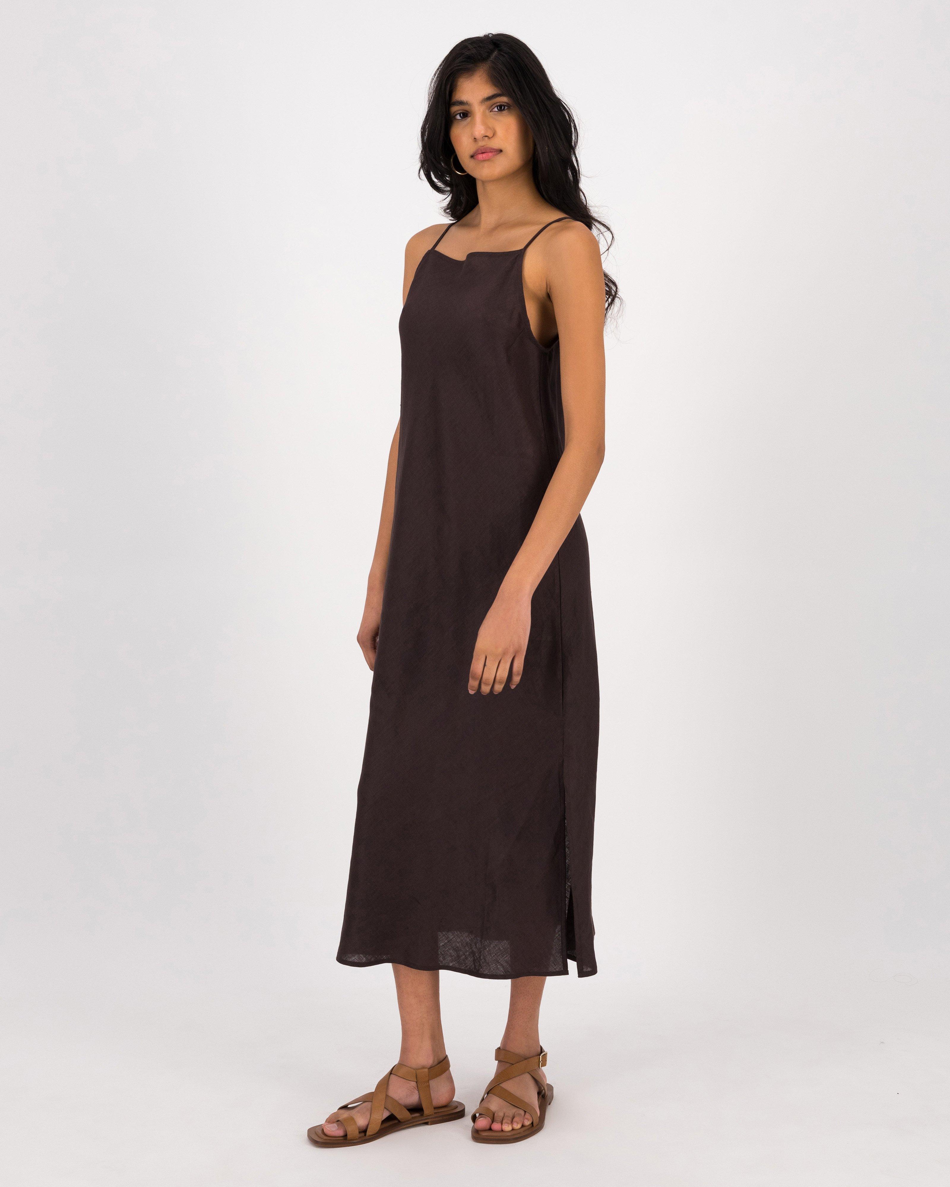 Selena Linen Dress -  Brown