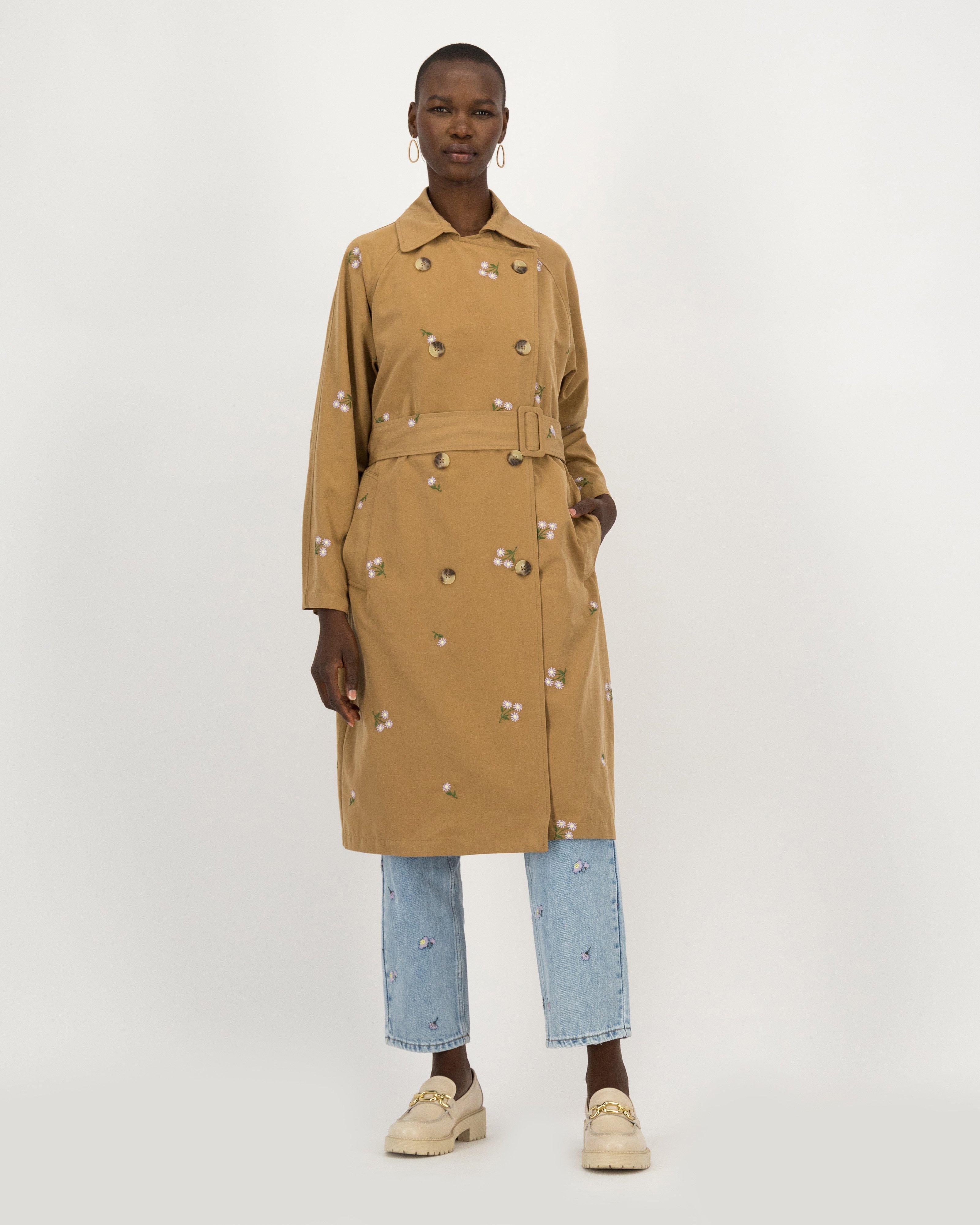 Mio Embroidered Trench Coat -  Stone