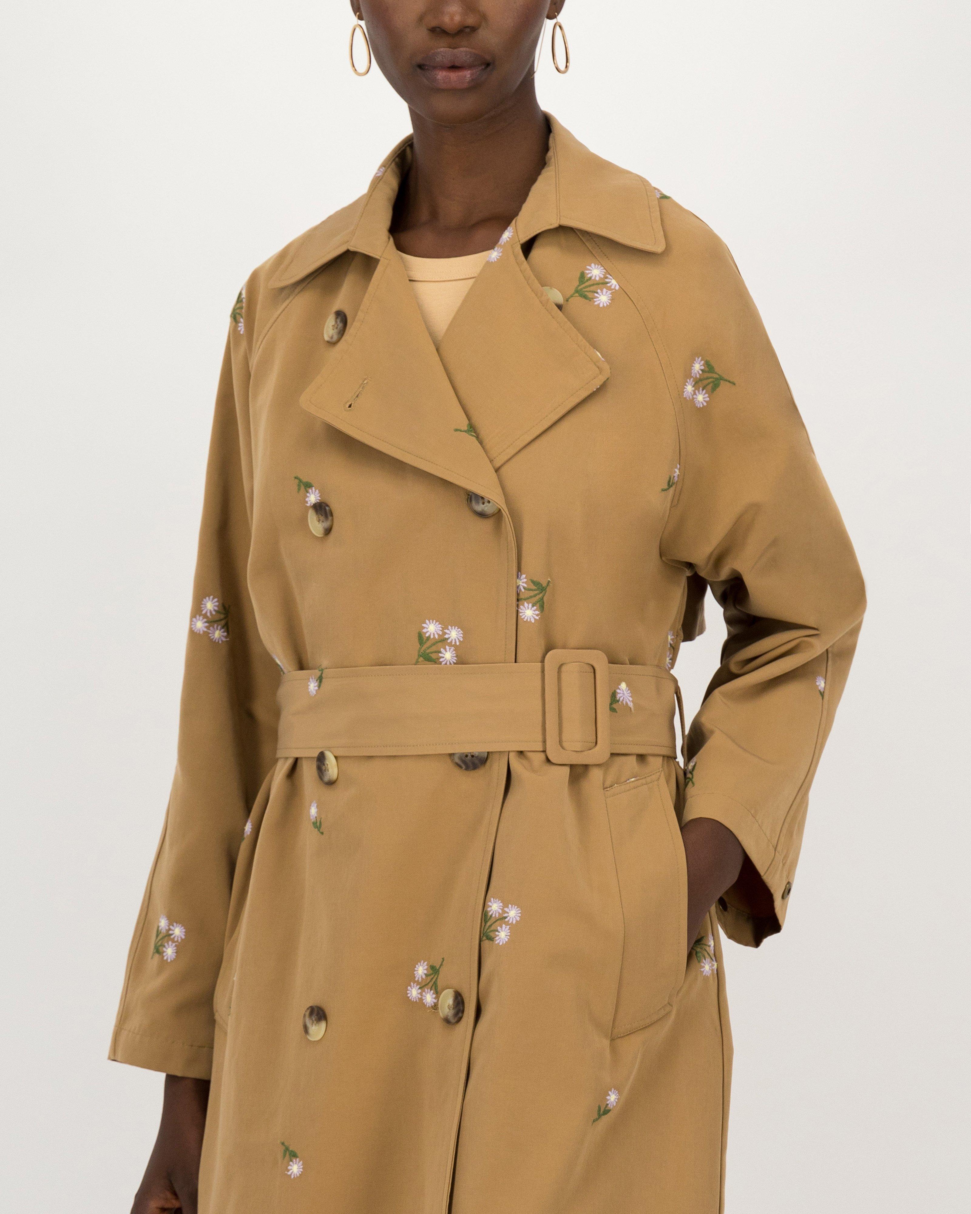 Mio Embroidered Trench Coat -  Stone