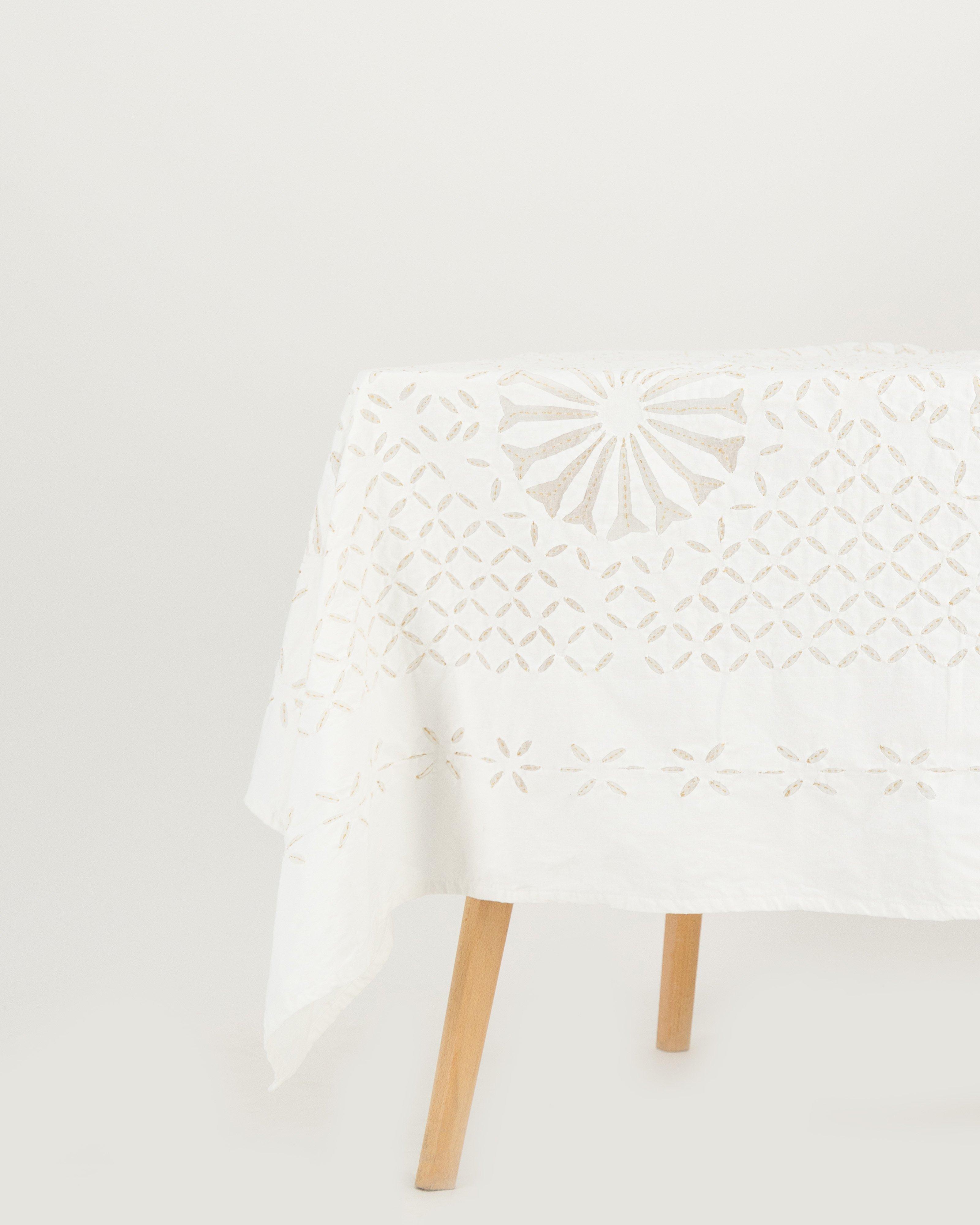 Artisanal Applique and Hand Stitched Tablecloth -  Milk