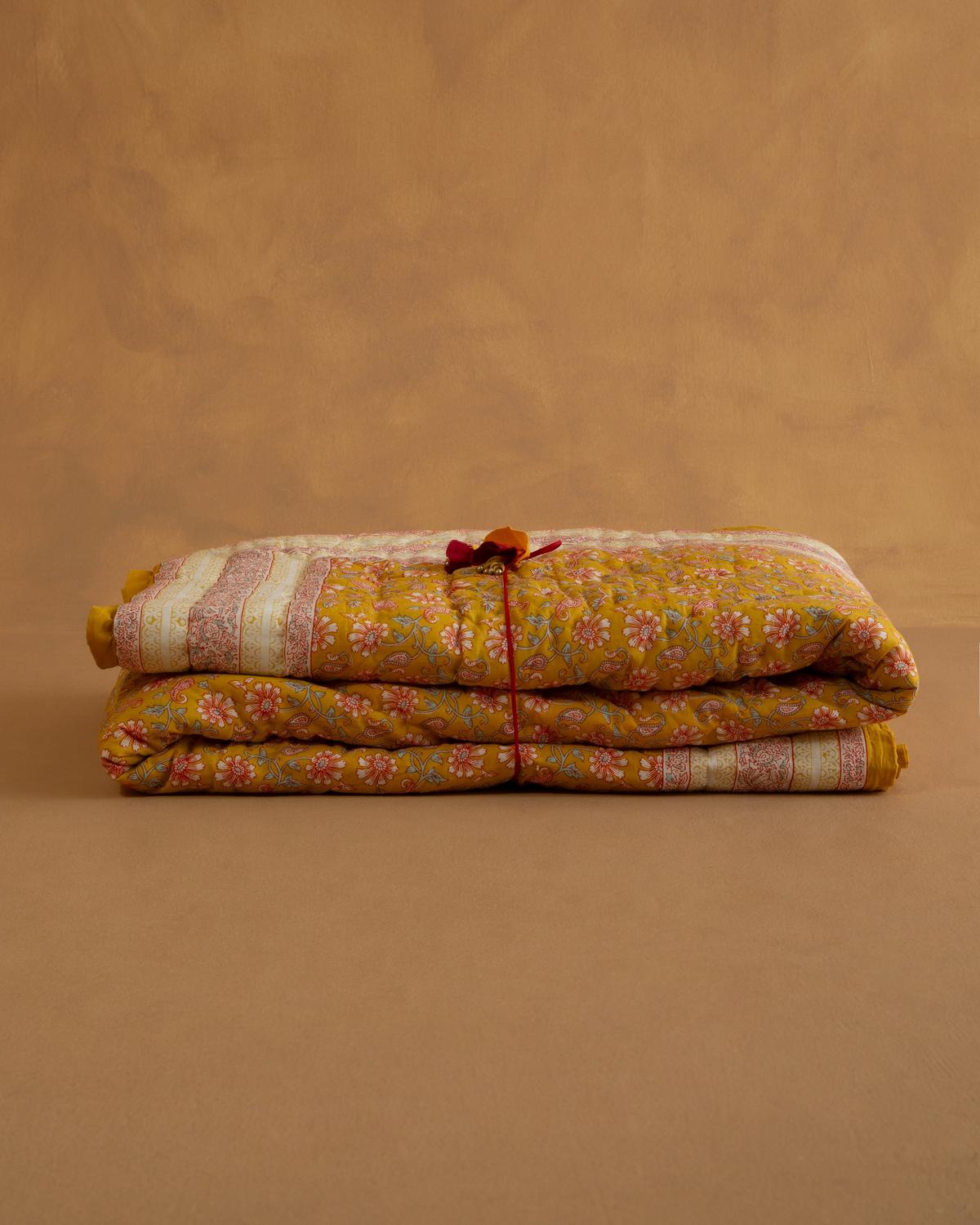 Reversible Kantha Quilt with Tassel -  Yellow