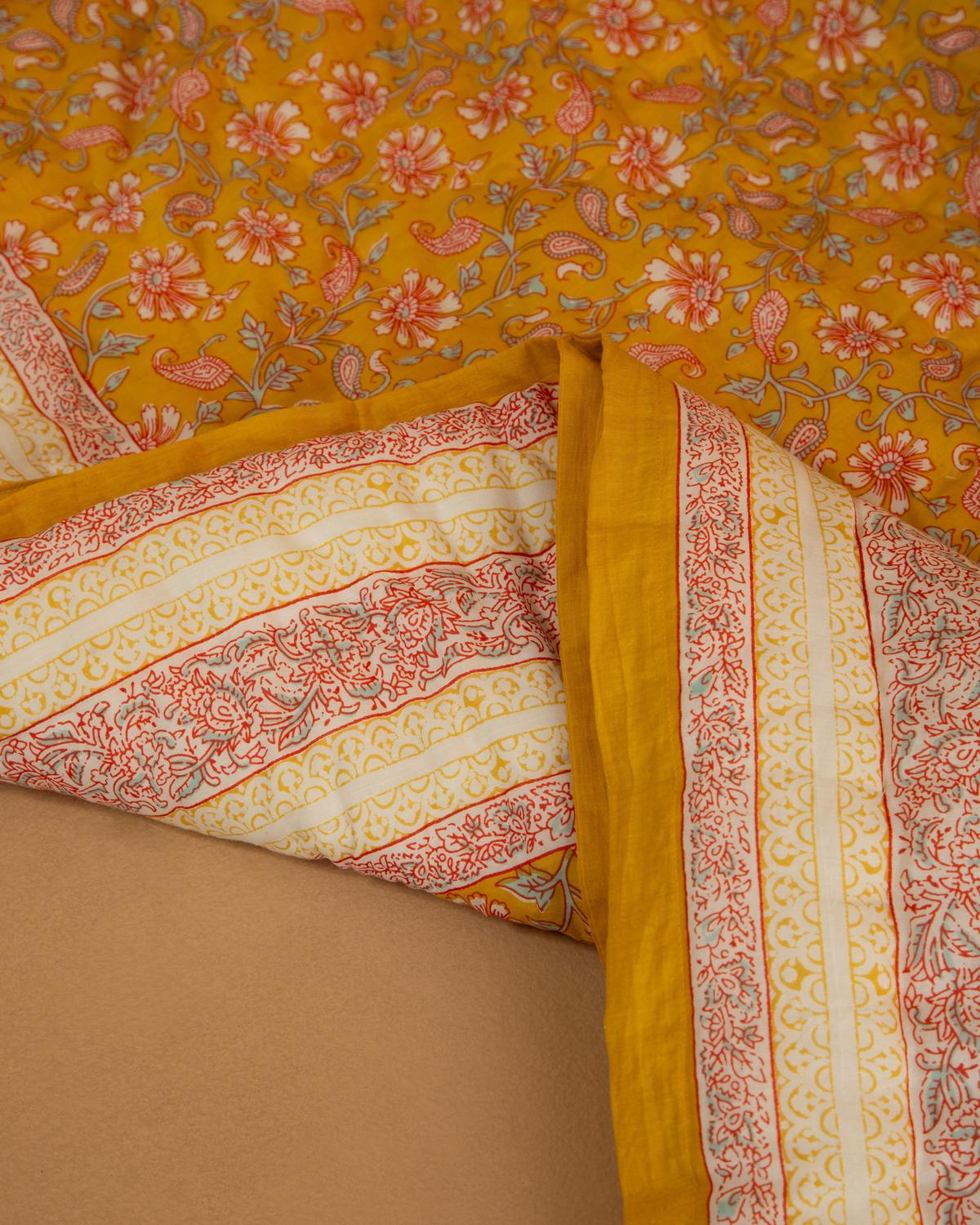 Reversible Kantha Quilt with Tassel -  Yellow