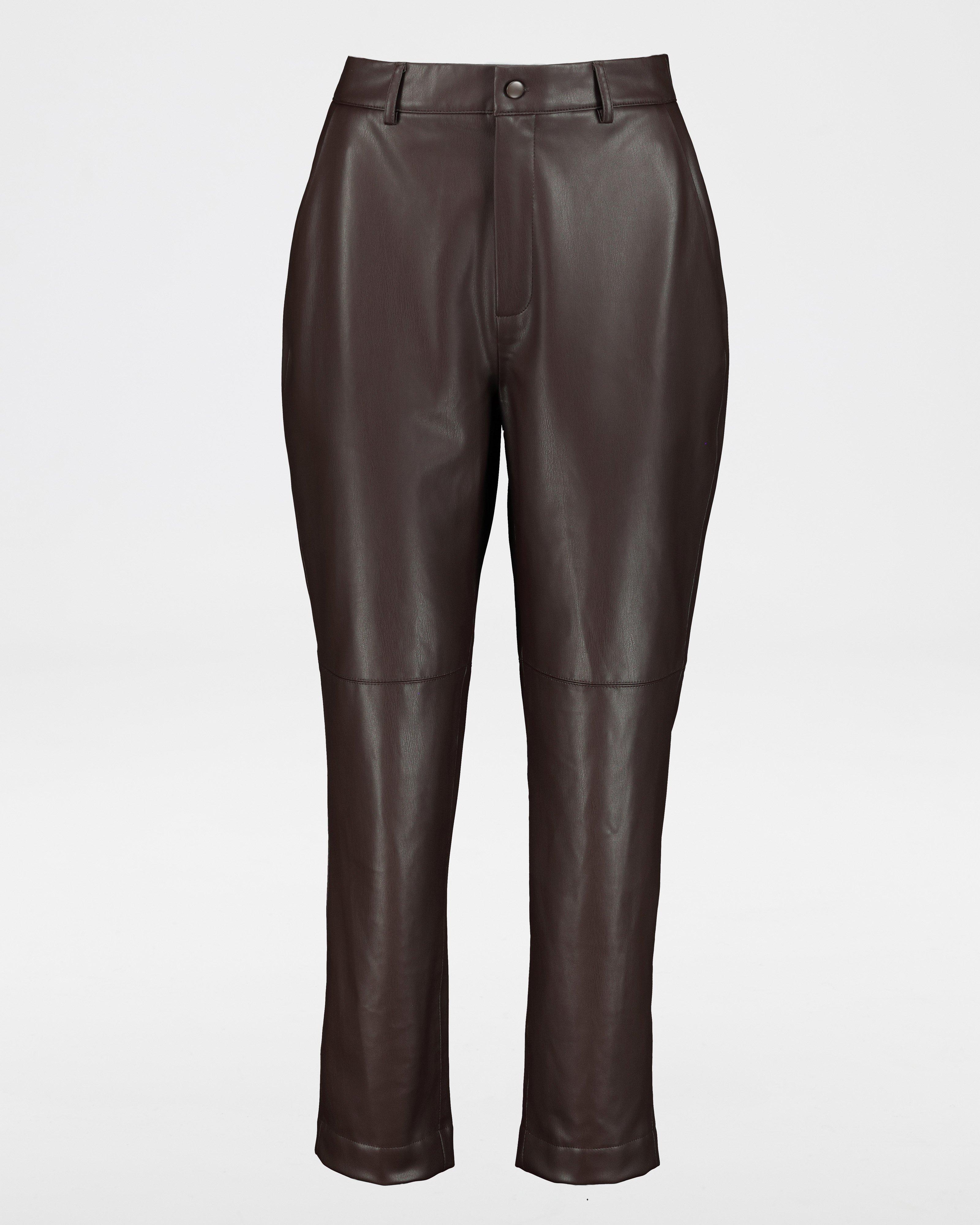 Lisa Faux Leather Slim-Leg Pants -  Brown