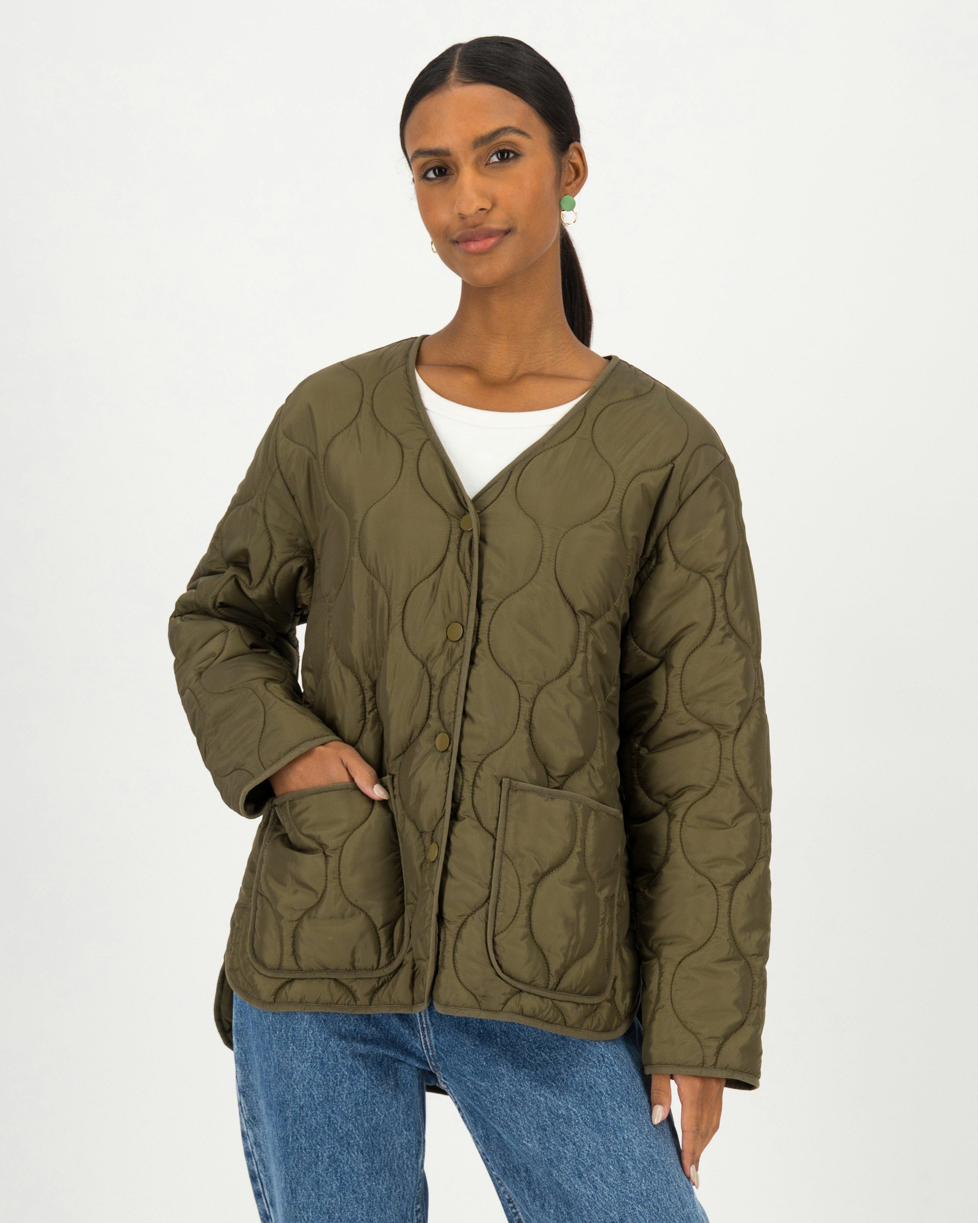 Rene Collarless Quilted Jacket -  Dark Green/Dark Olive