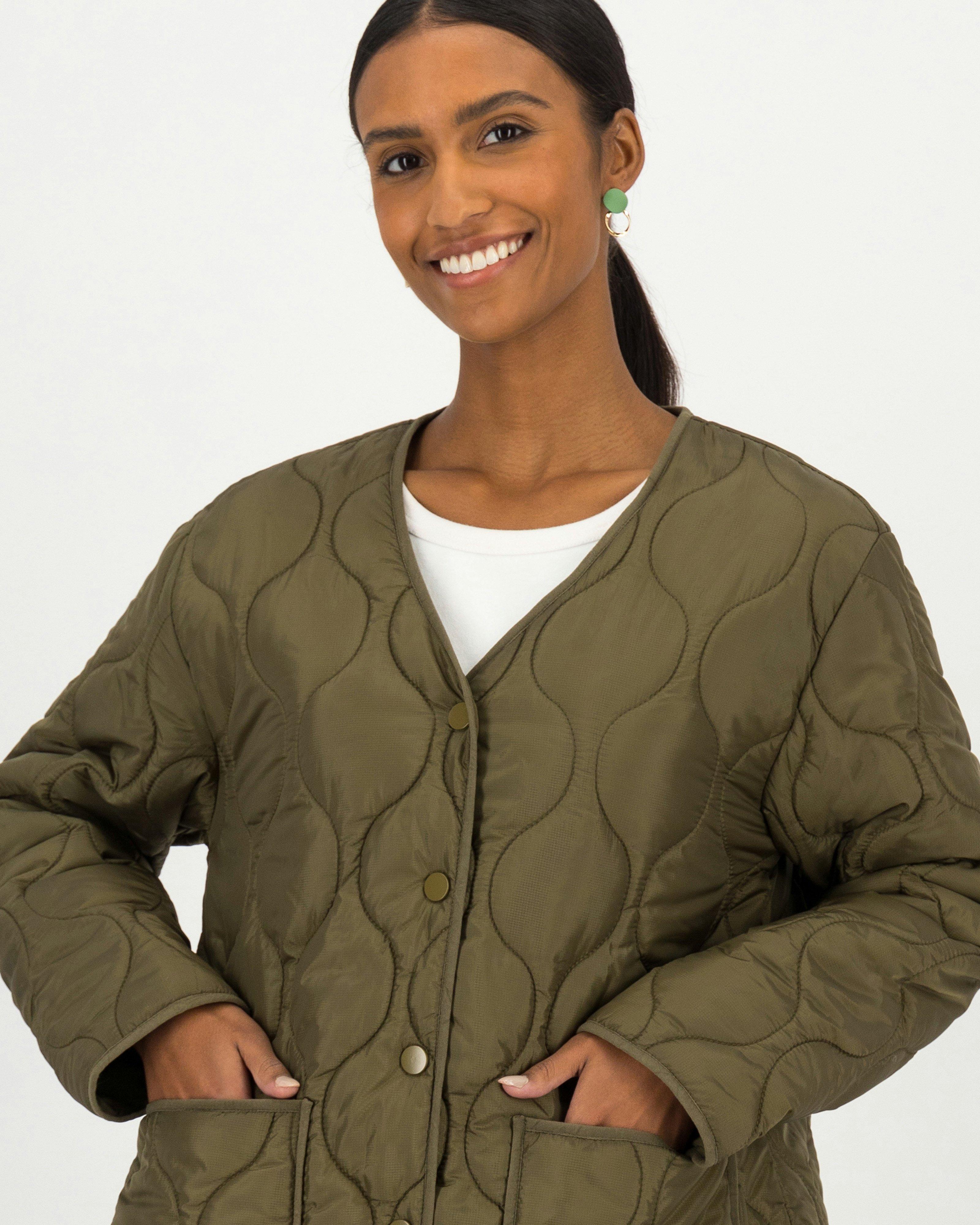 Rene Collarless Quilted Jacket -  Dark Green/Dark Olive