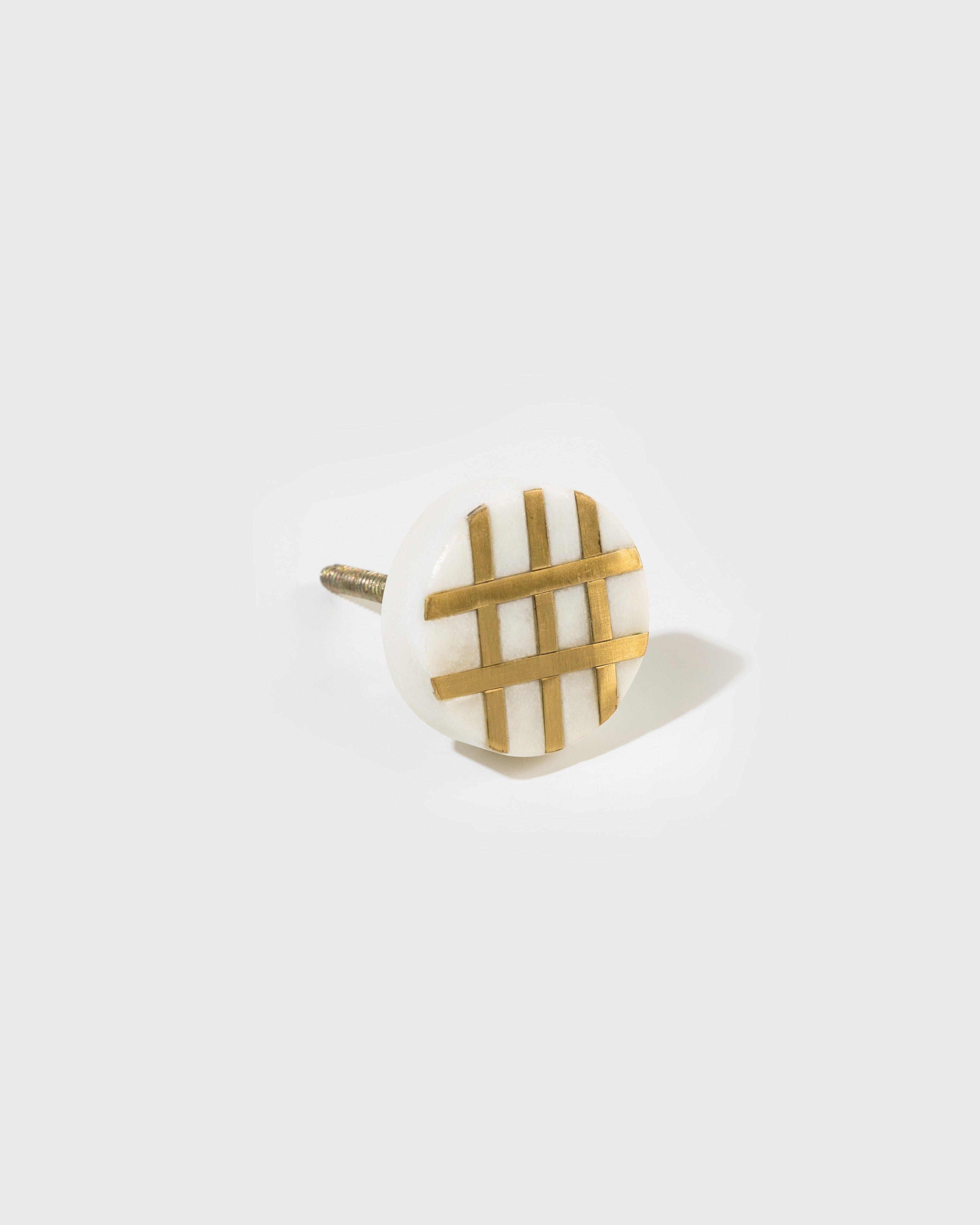 Marble & Brass Grid Knob -  White