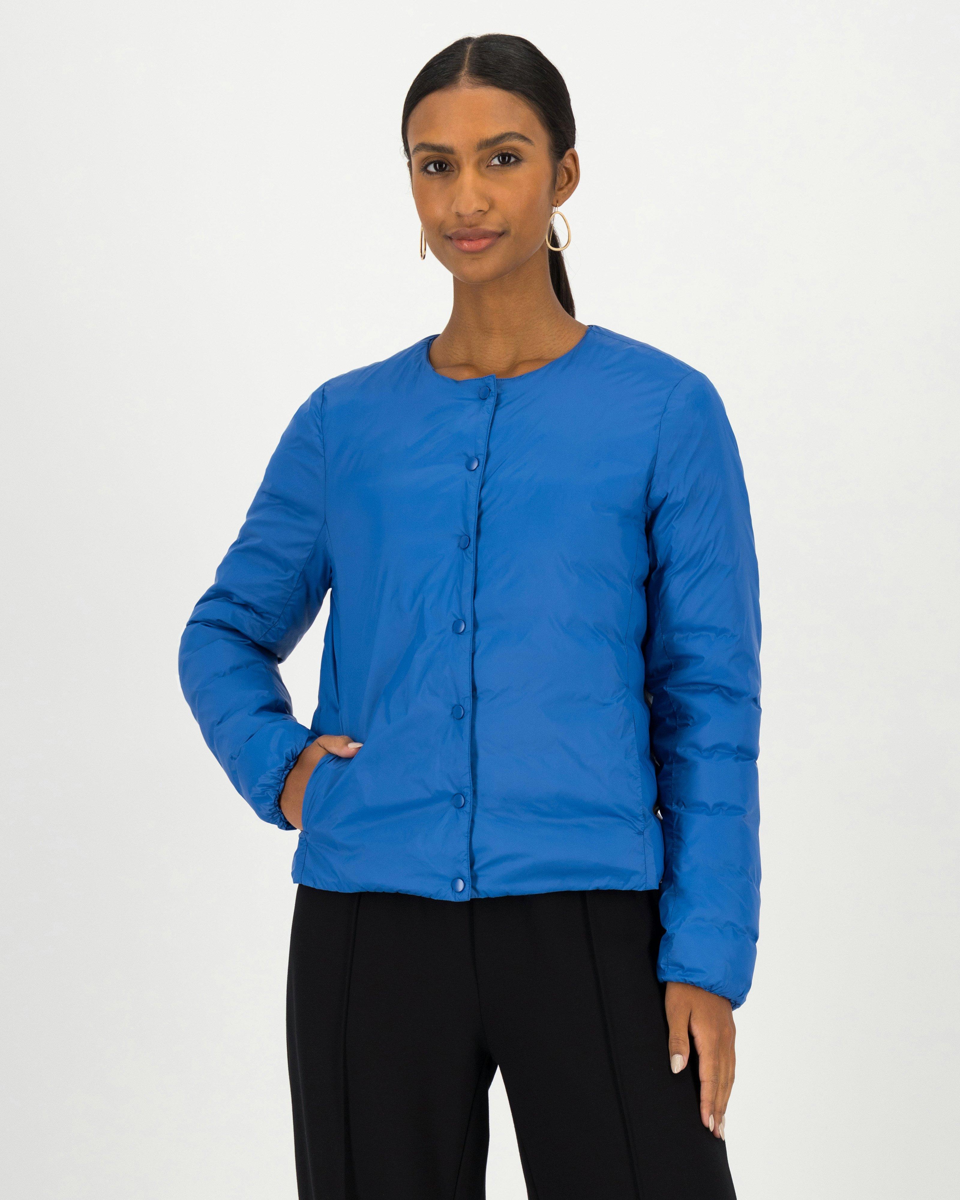 Collarless shop puffer jacket