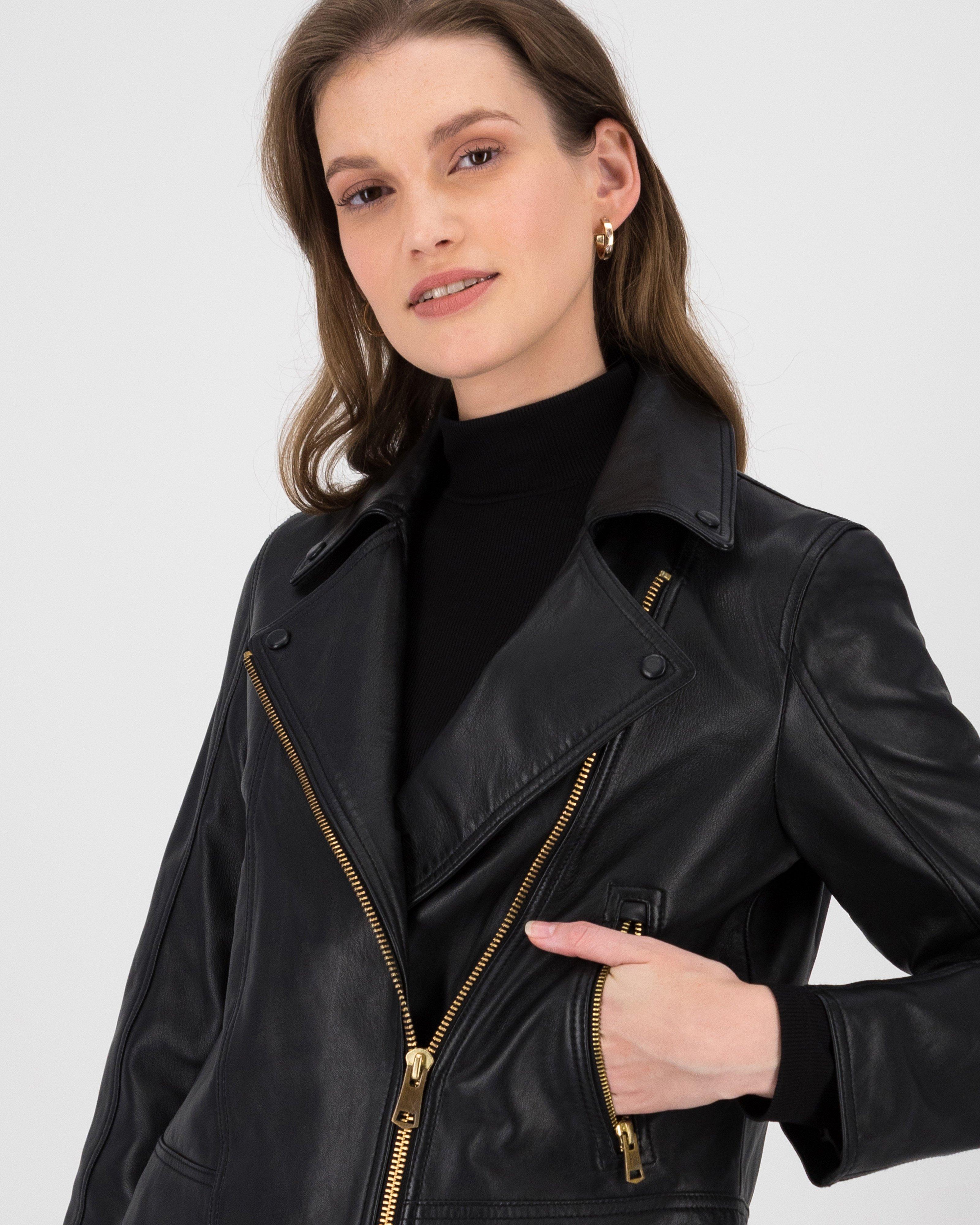 Noemie Biker Leather Jacket -  Black