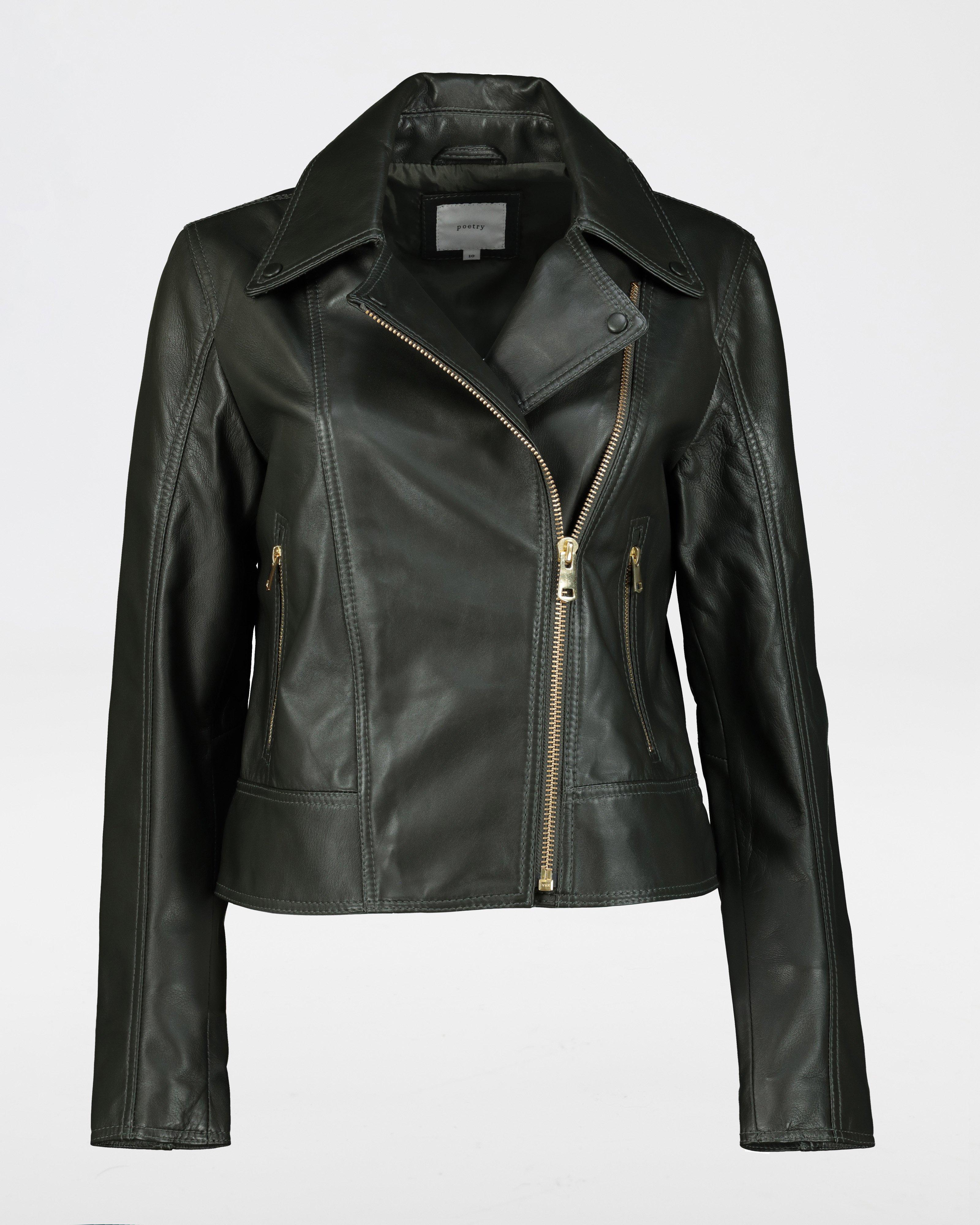 Noemie Biker Leather Jacket -  Dark Green