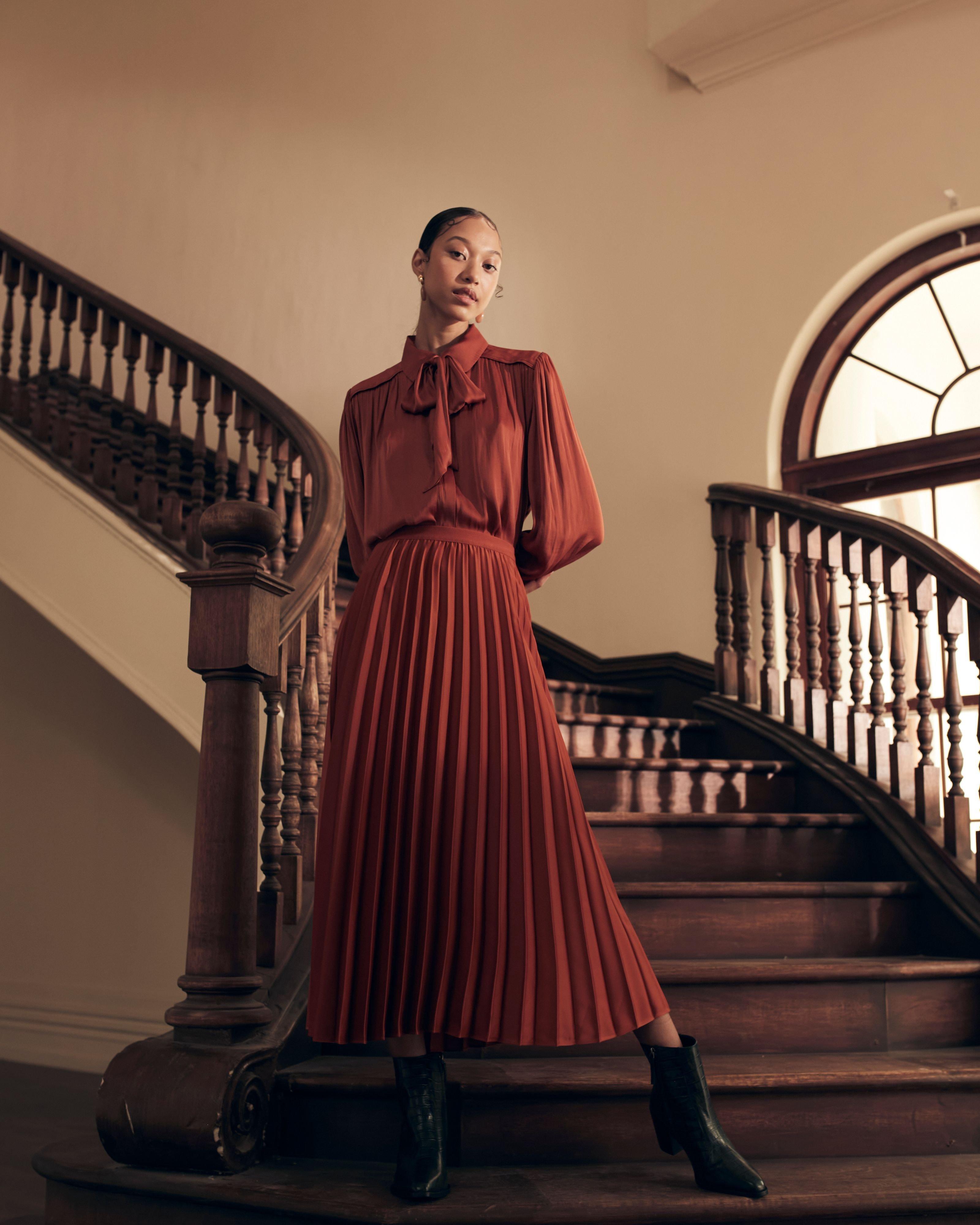 Icelyn Pleated Maxi Skirt -  Rust