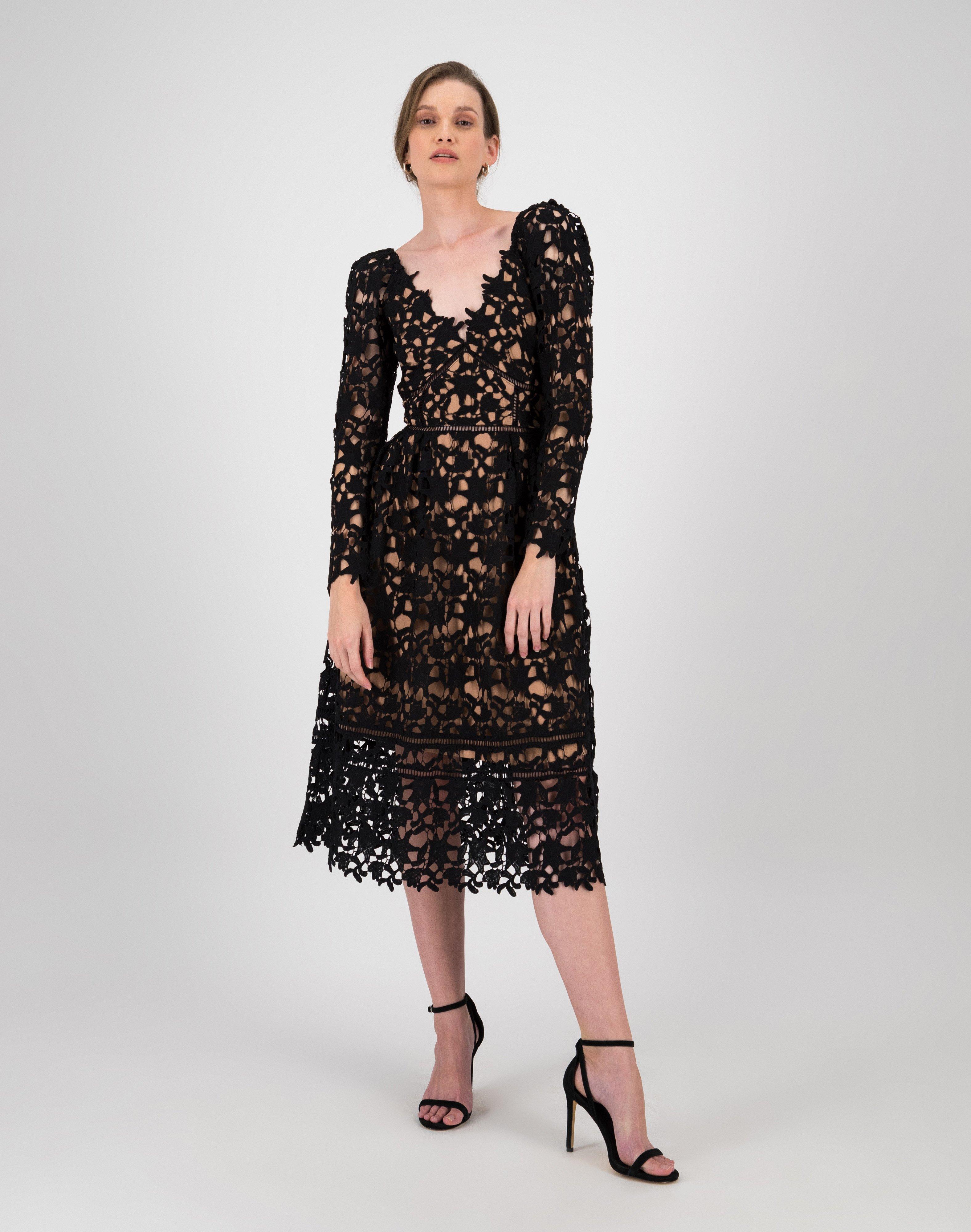 Clara Lace Sleeved Dress -  Black