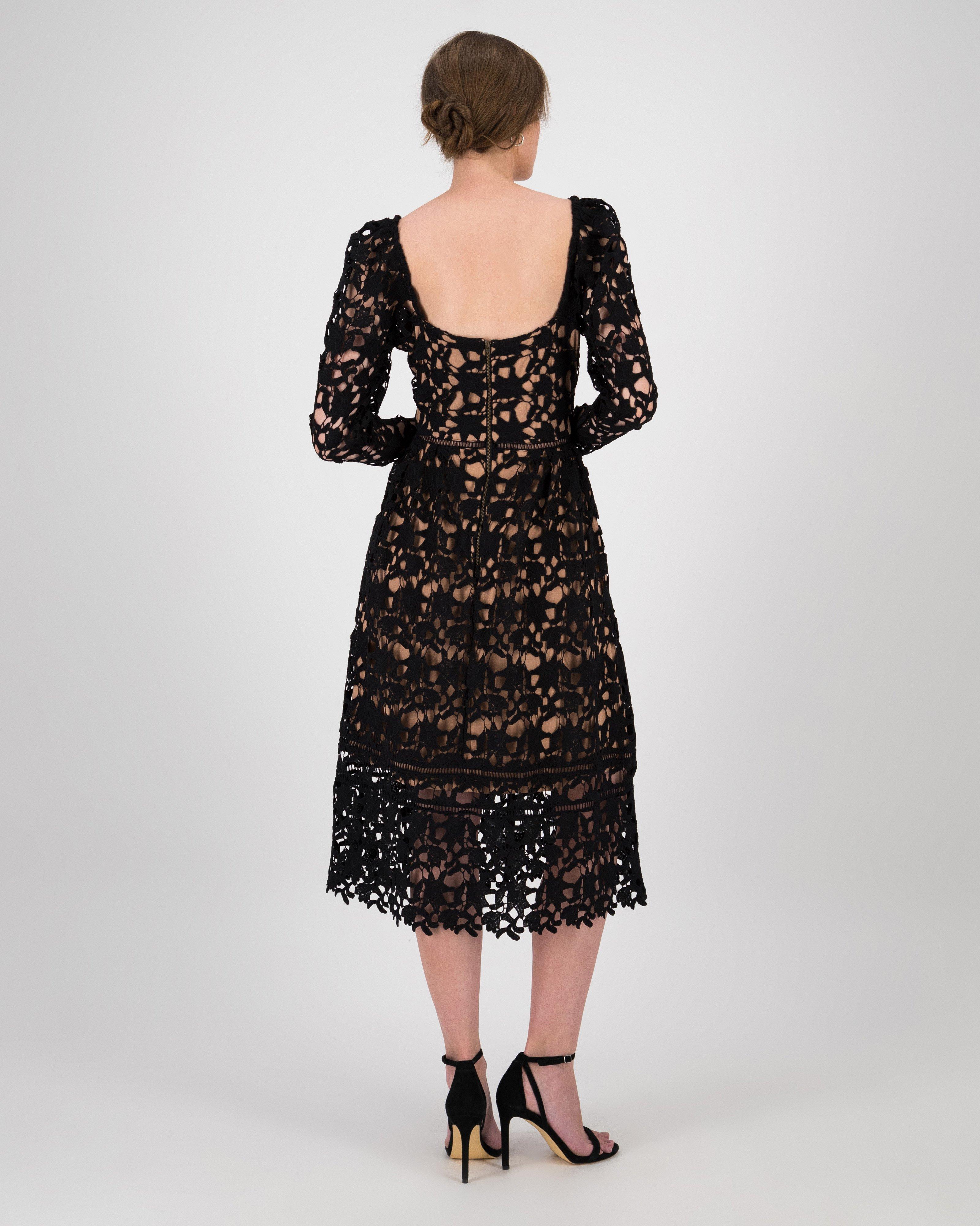 Clara Lace Sleeved Dress -  Black