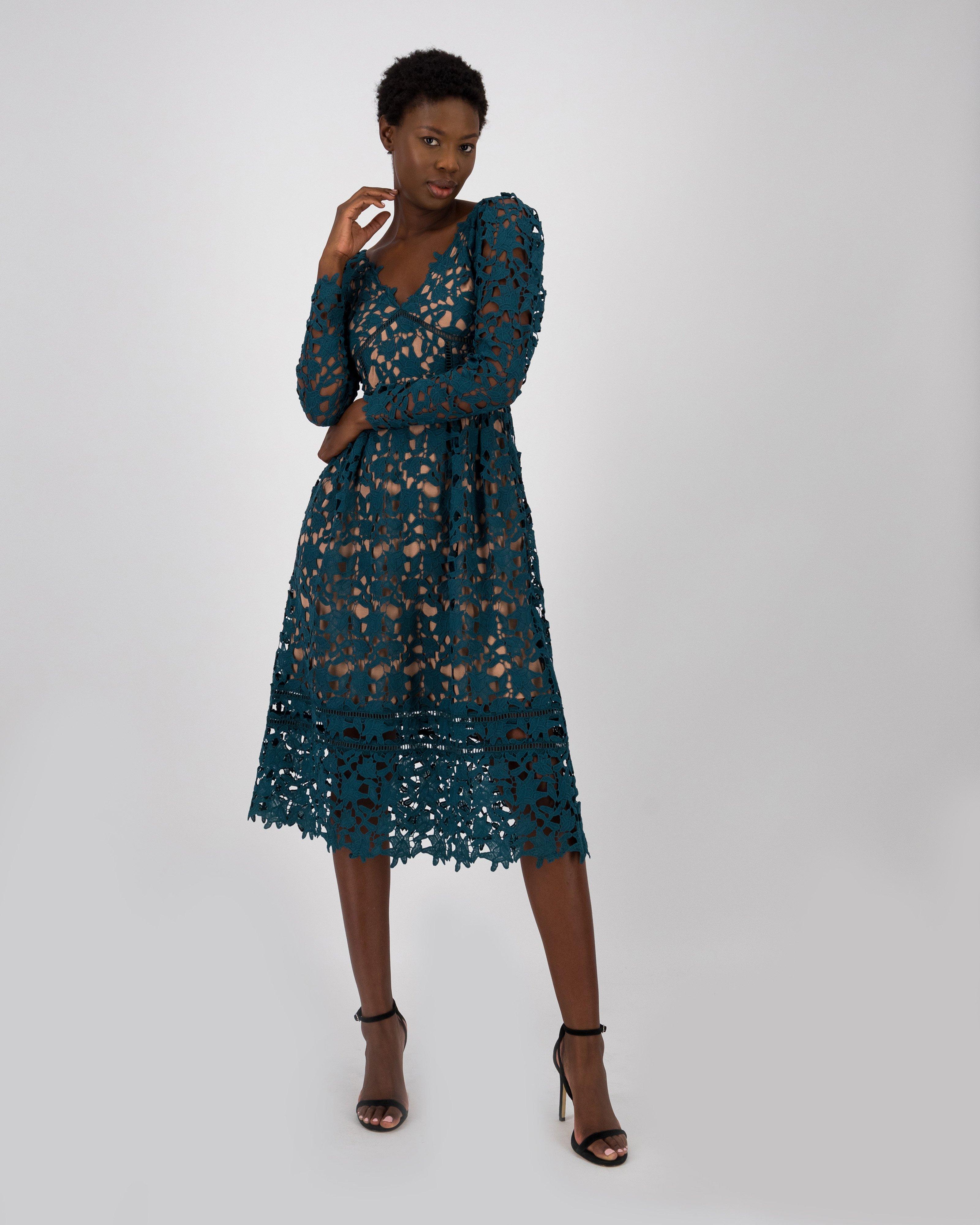 Clara Lace Sleeved Dress -  Teal