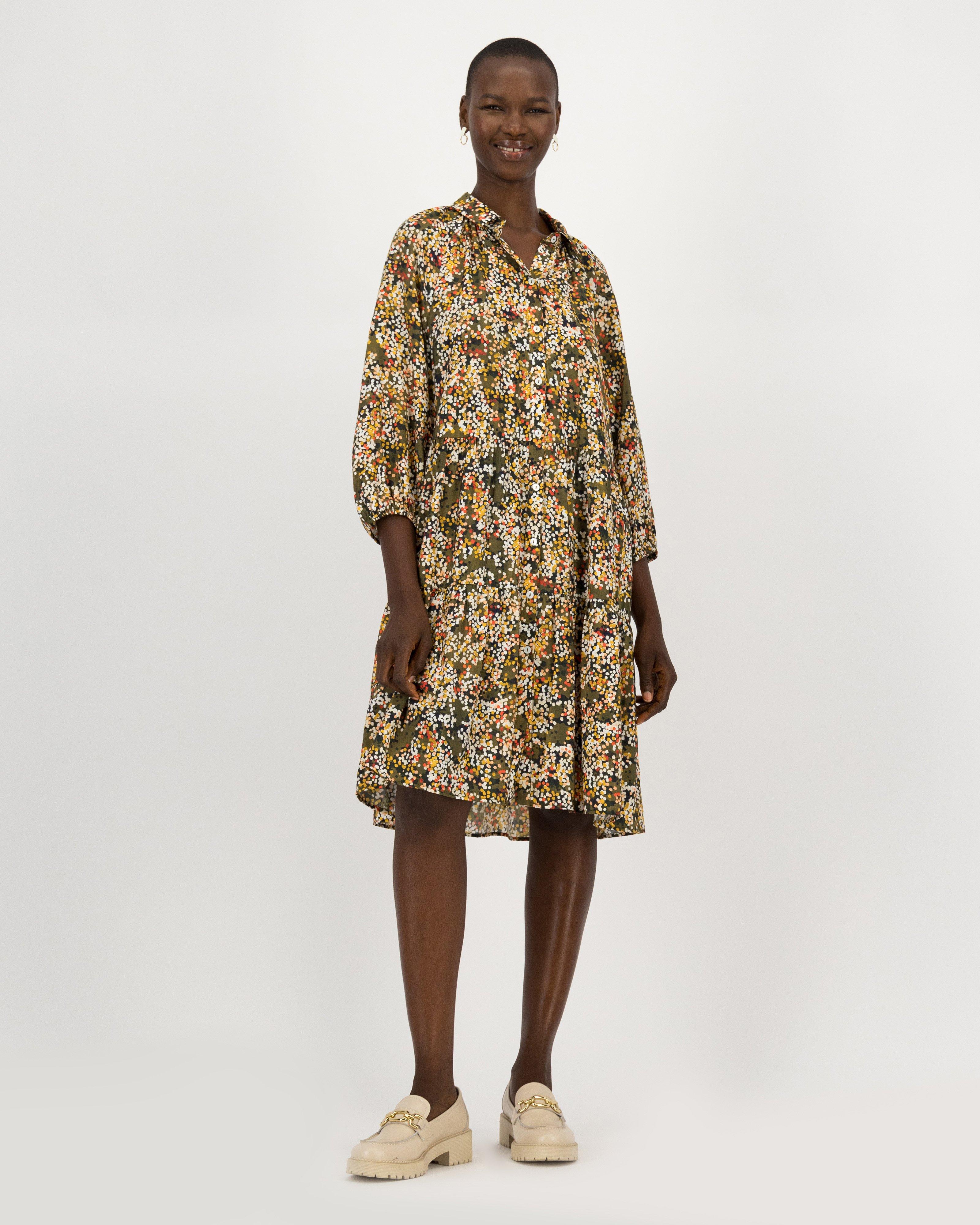 Elyna Printed Tiered Dress -  Olive