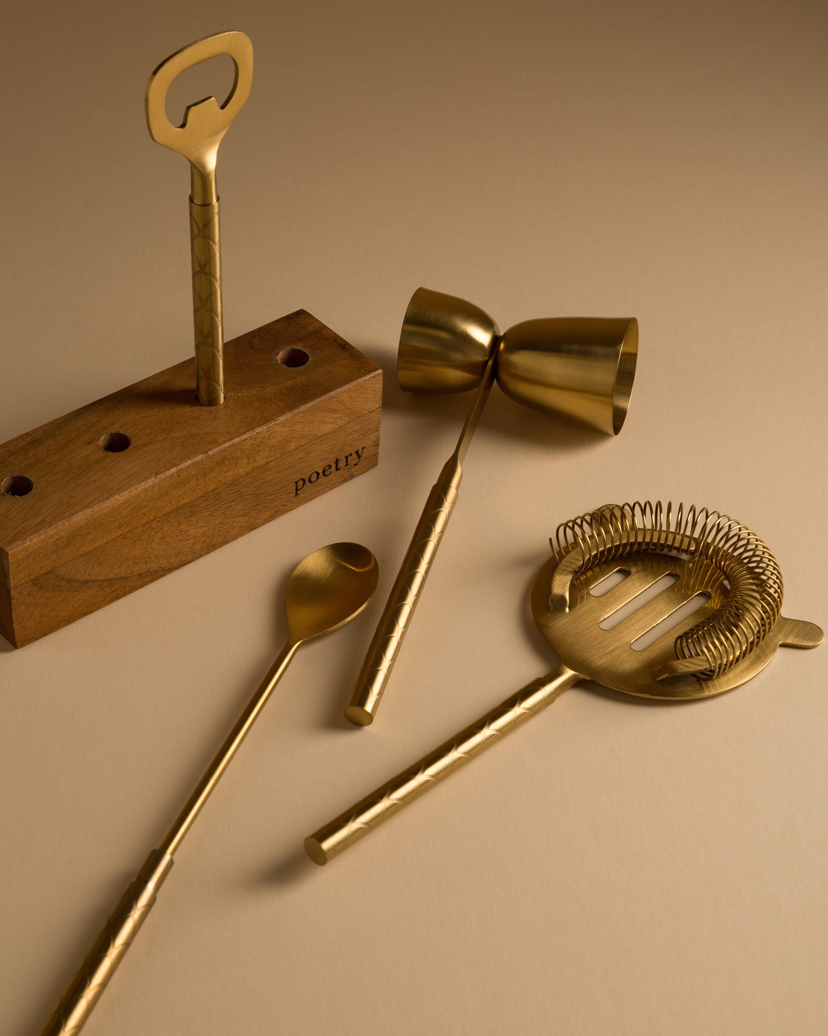 Scalloped Bar Tool Set with Wooden Stand -  Gold