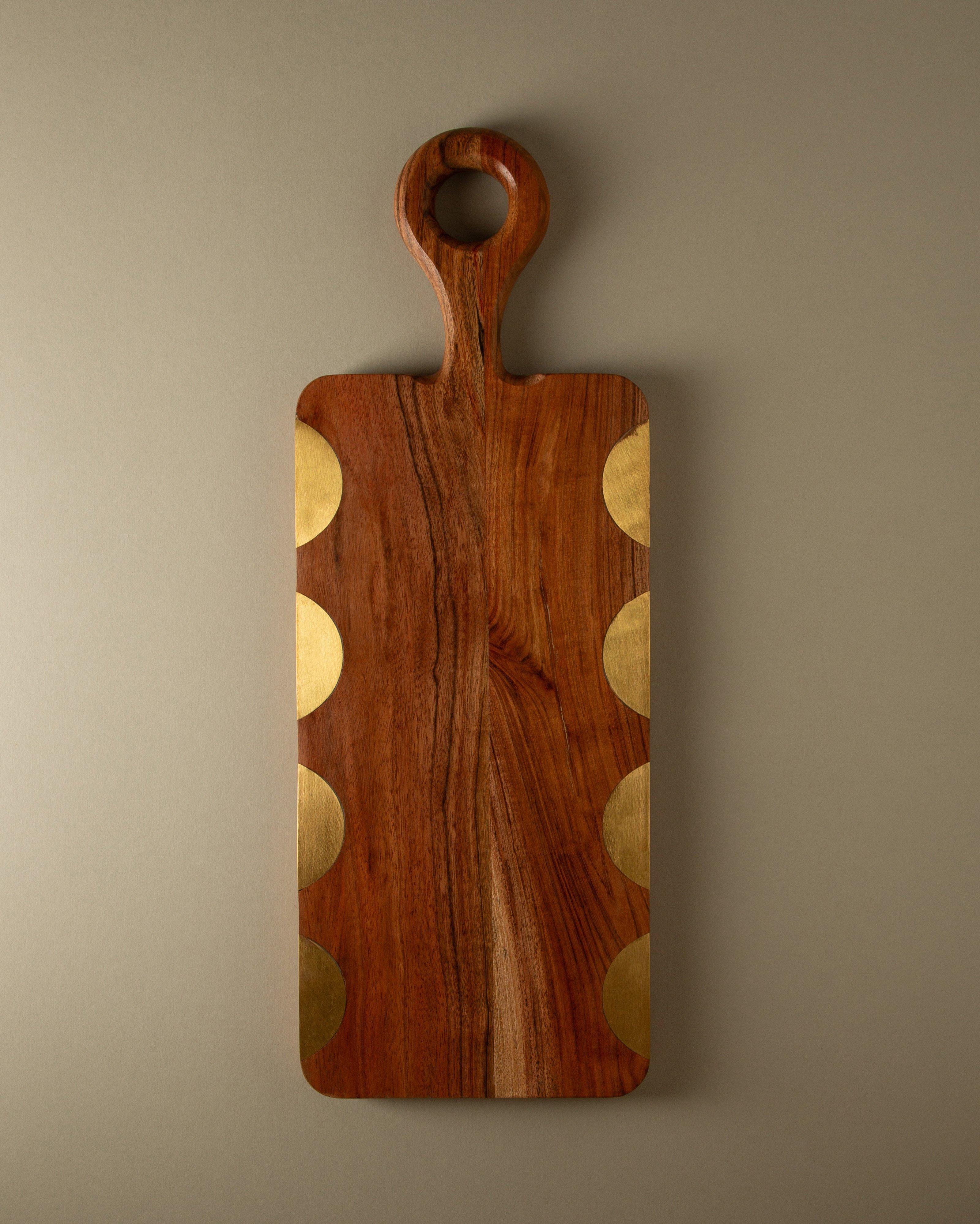 Brass Half Moon Acacia Wood Board -  Brown