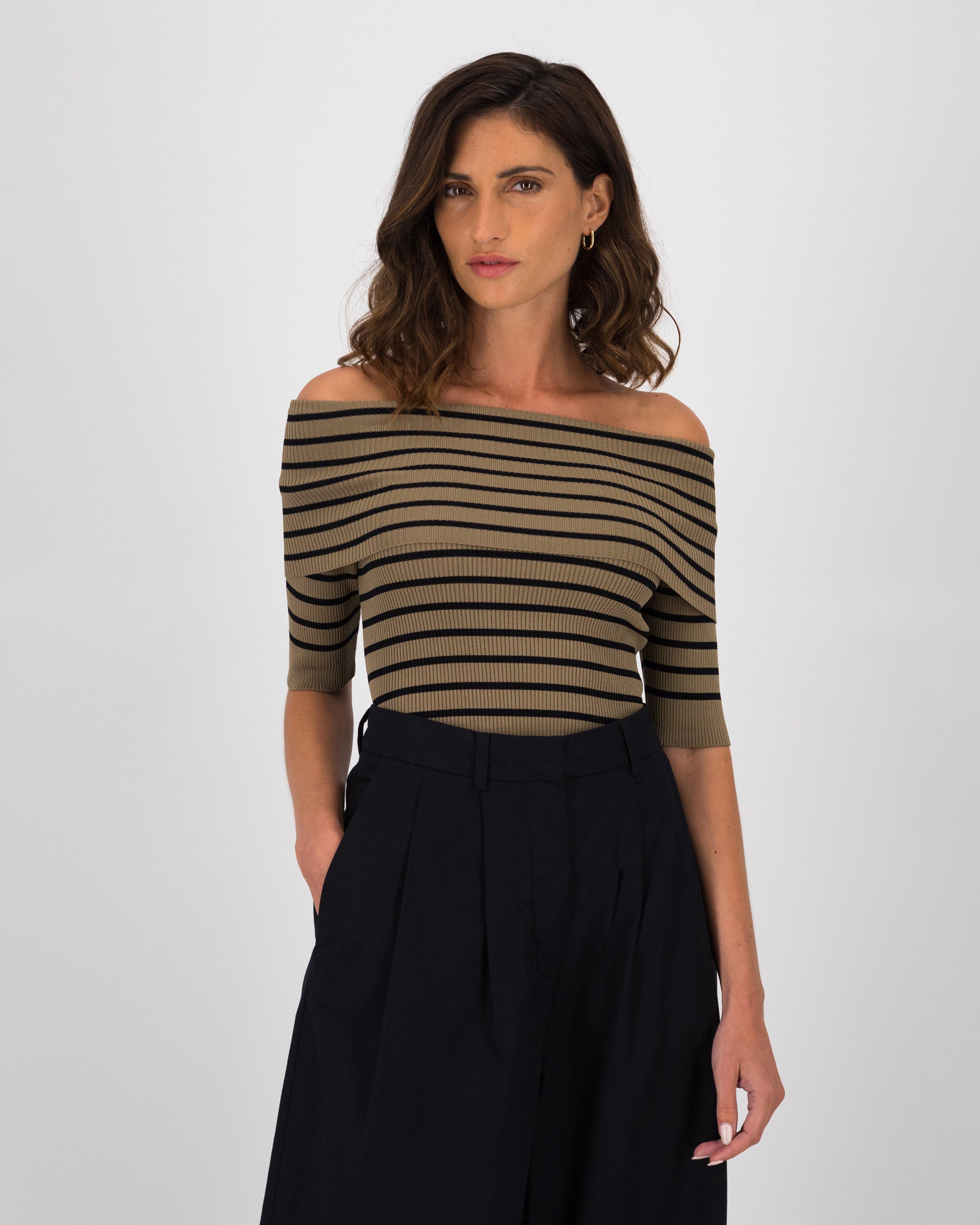 Black and white striped cold clearance shoulder top