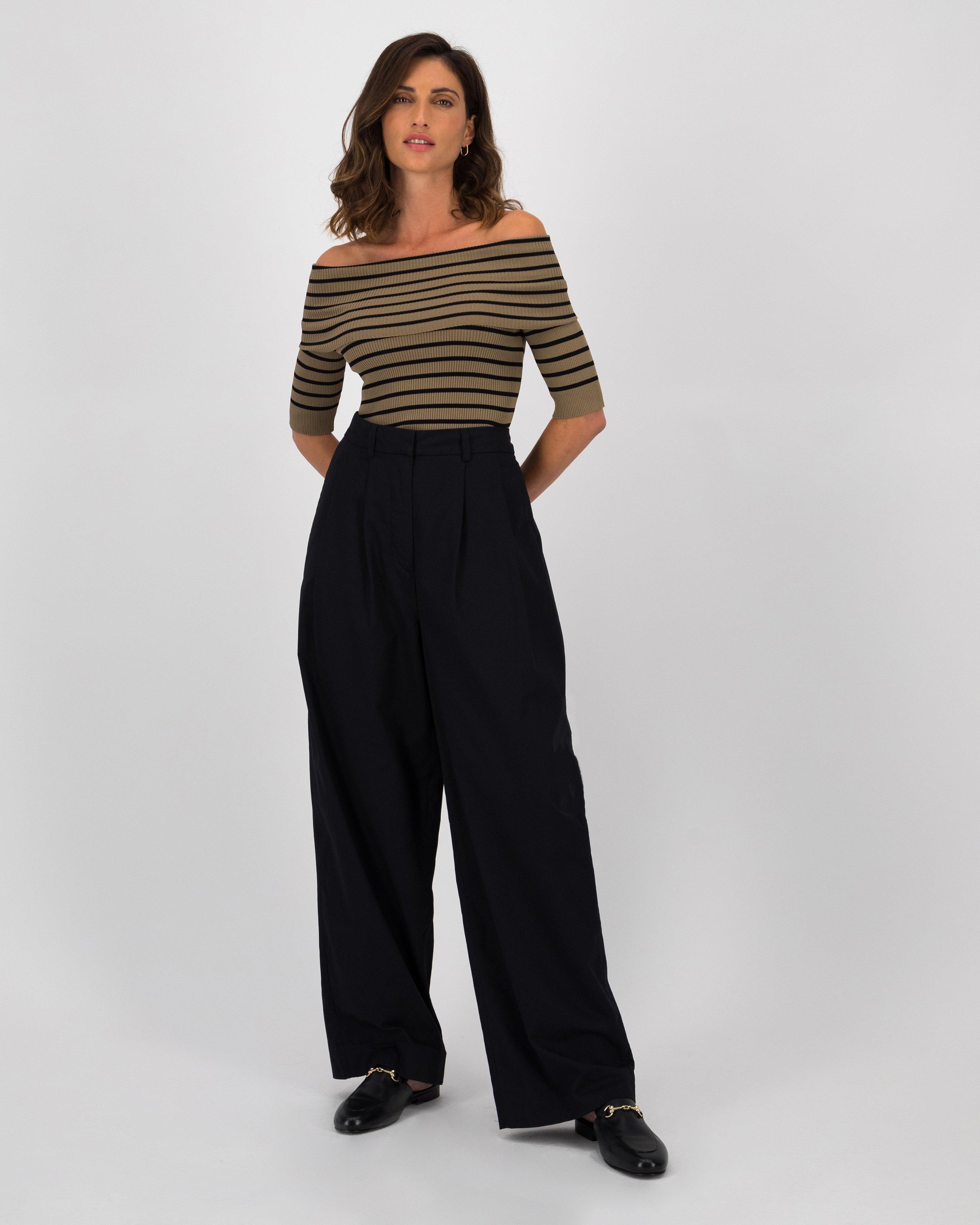 TopShop striped cold shoulder bodysuit with high waist pants, how