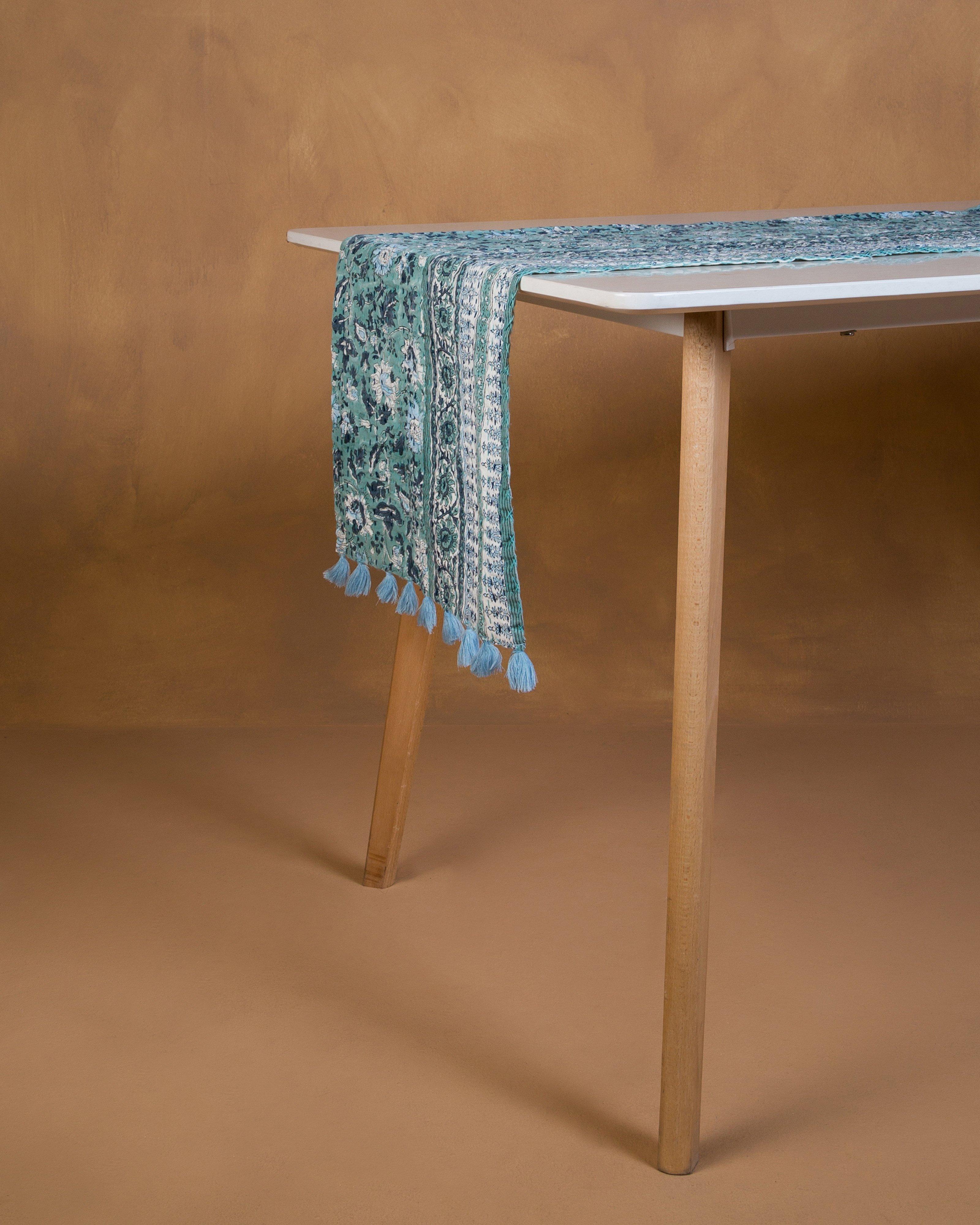 Block Print Table Runner with Kantha Stitch -  Blue