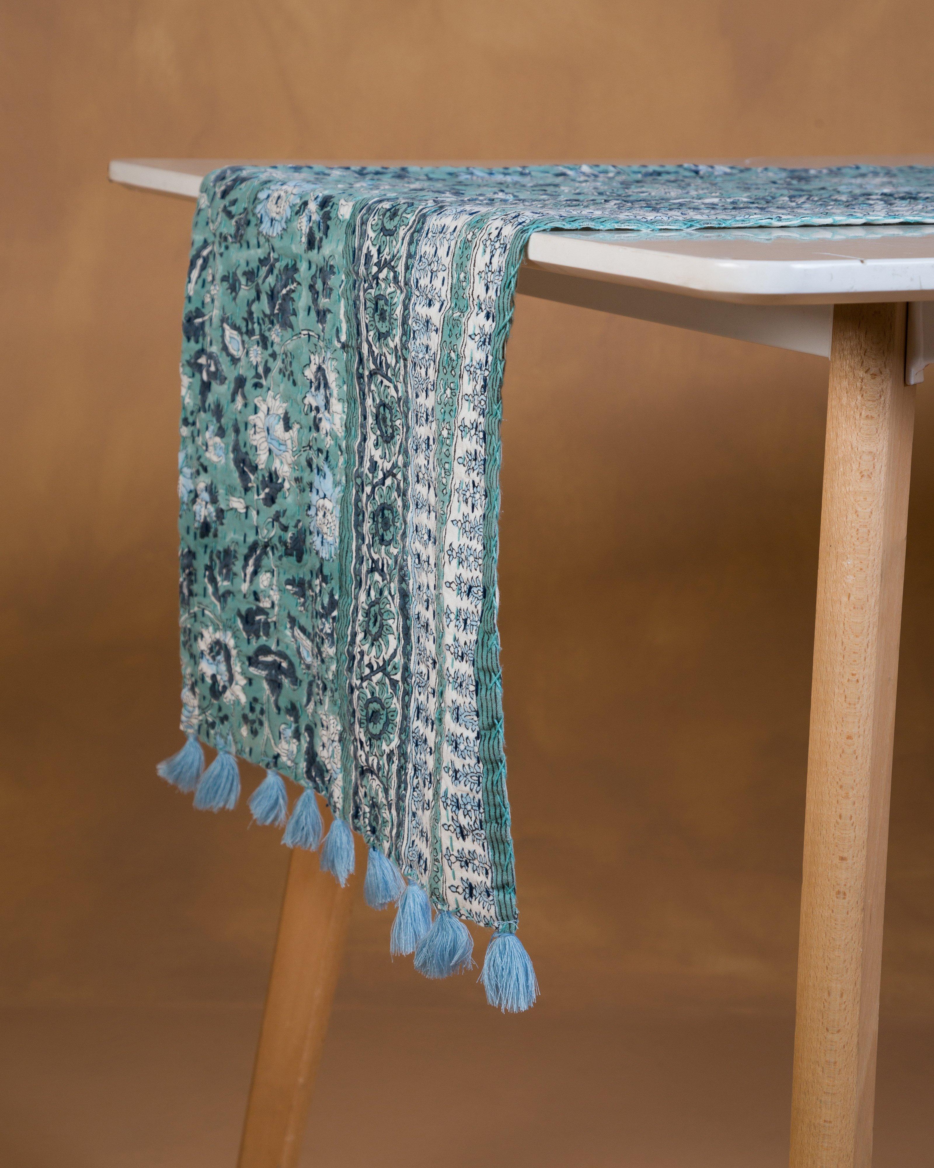 Block Print Table Runner with Kantha Stitch -  Blue
