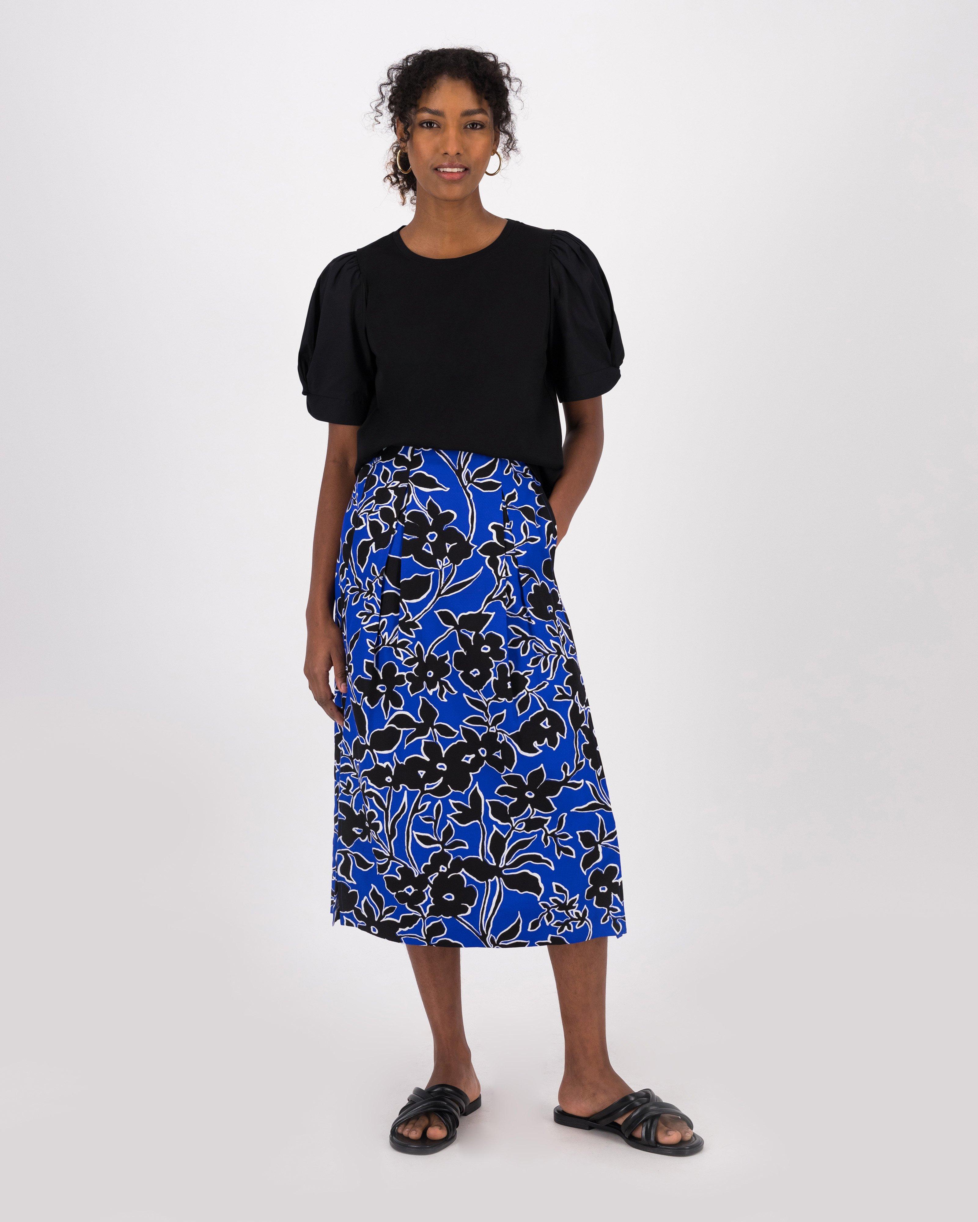 Aaminah Printed Pleated Skirt -  Blue