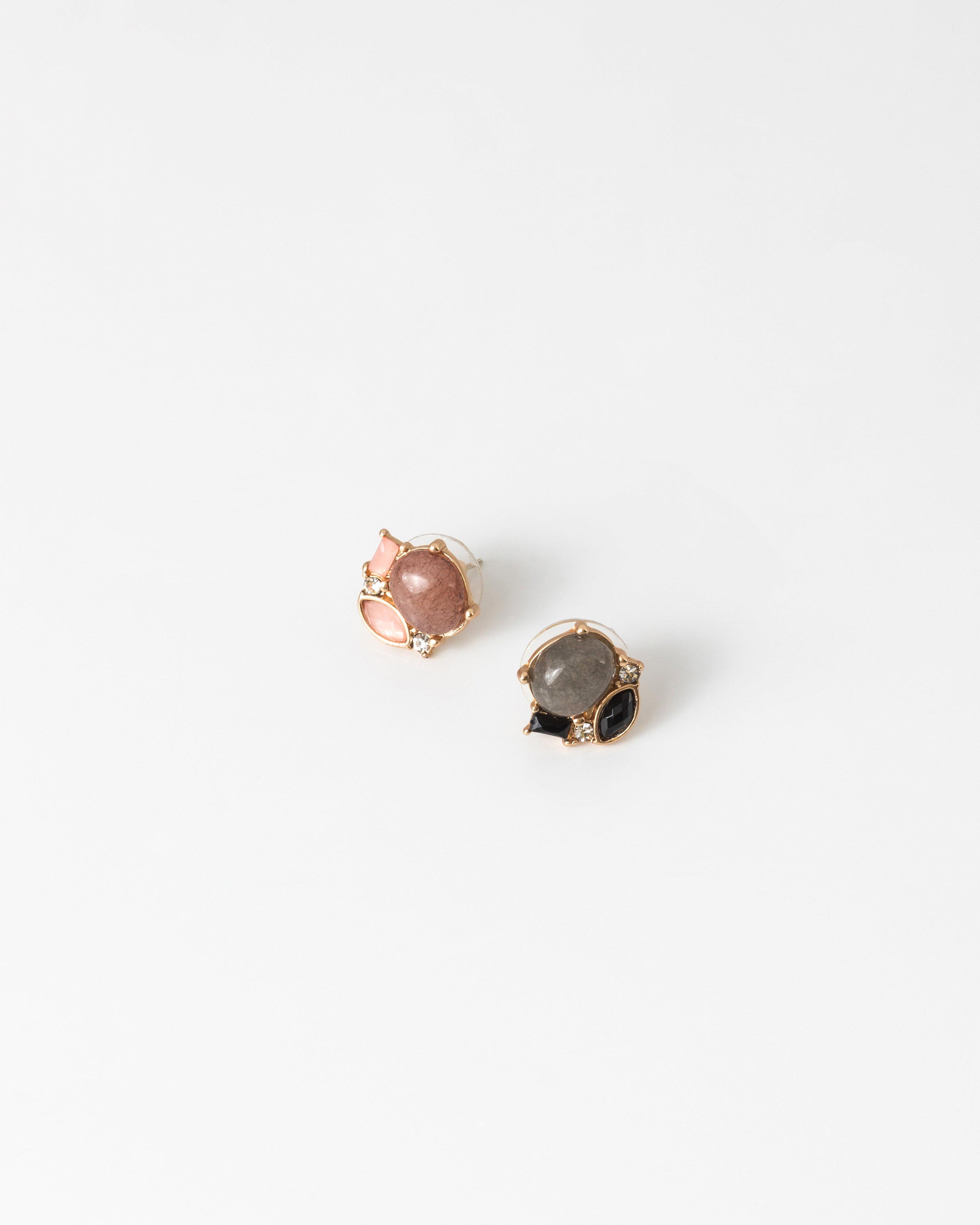 Cluster Natural Stone Stud Earrings -  Pink