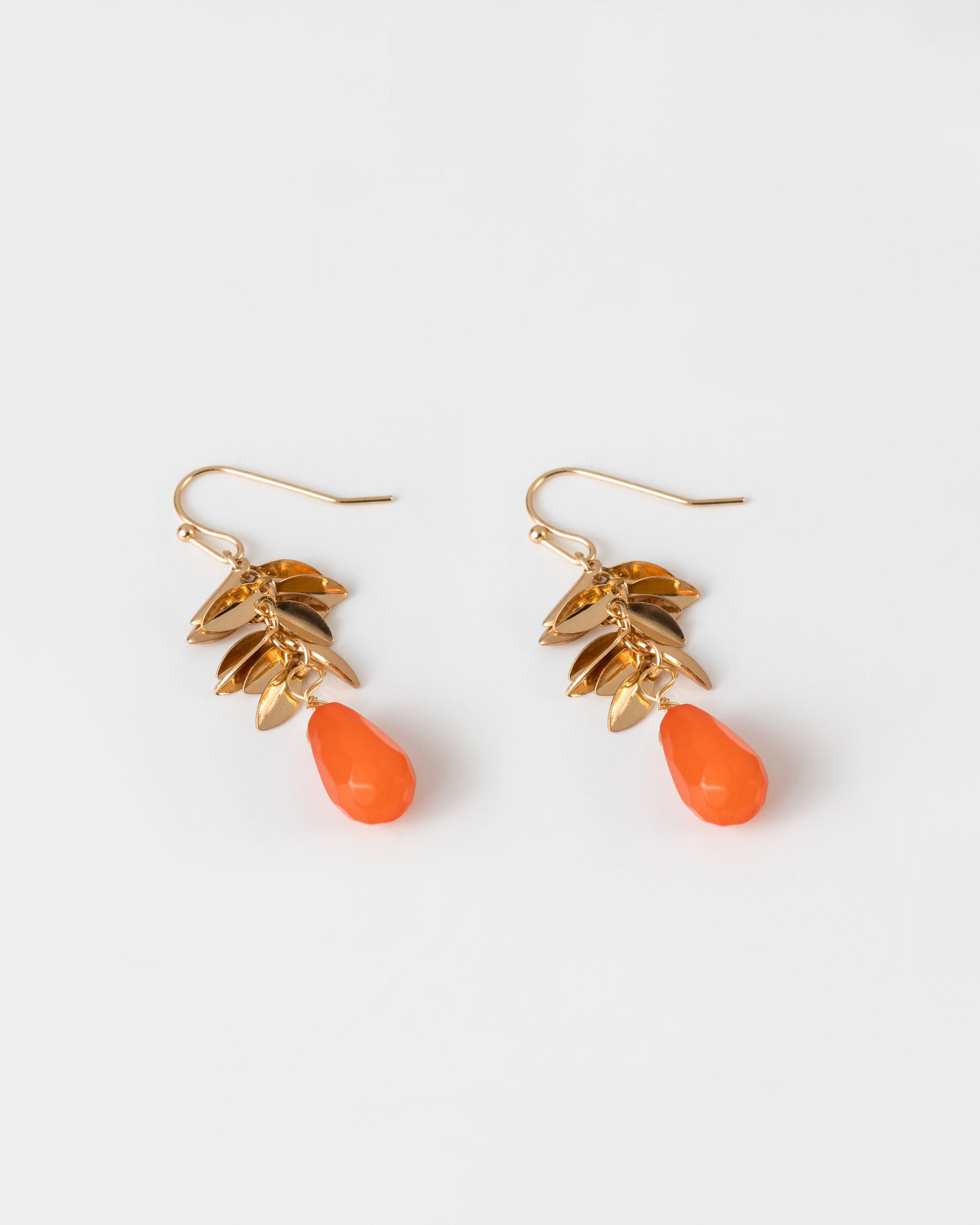 Layered Leaf & Stone Earrings -  Coral